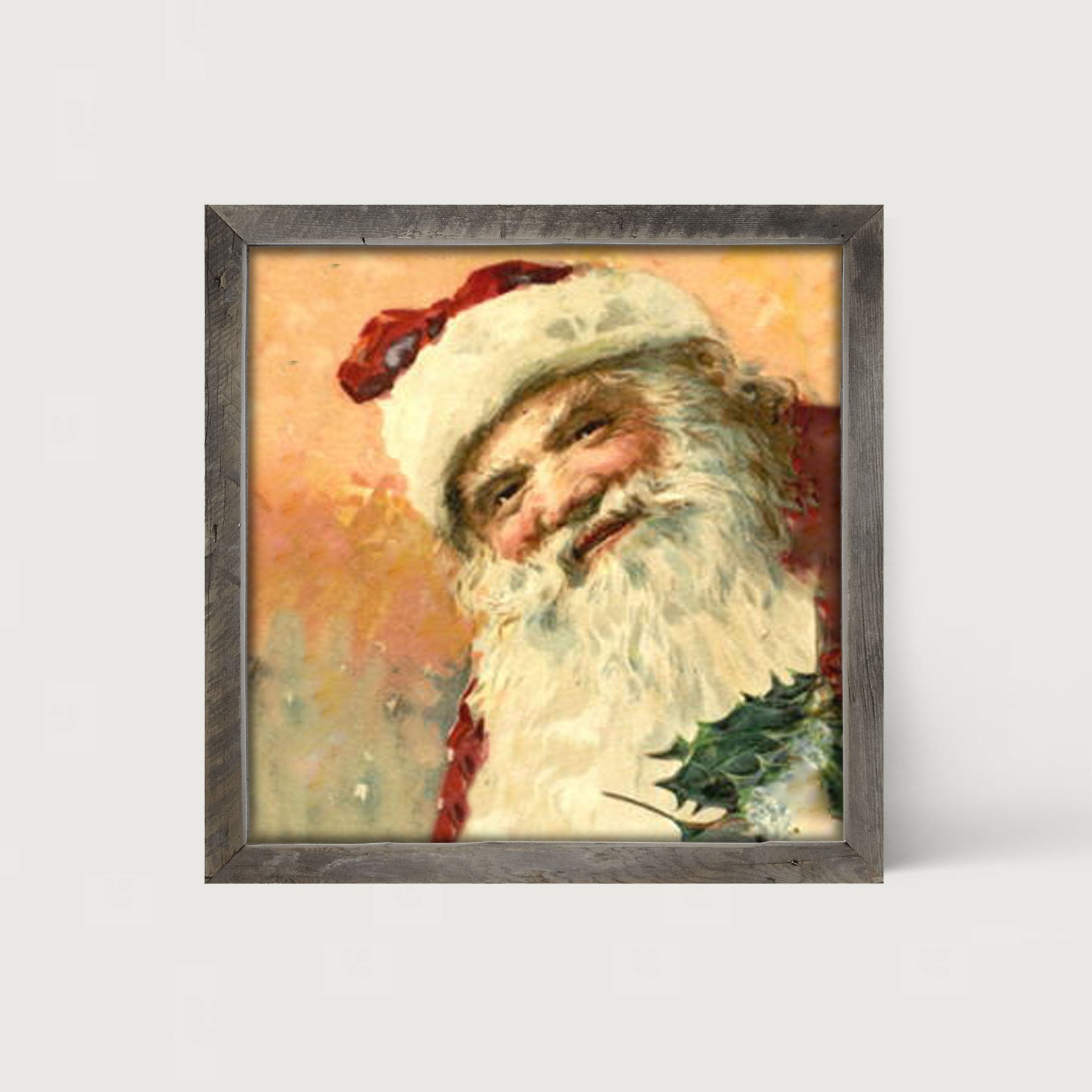 Gold Background Santa with Holly - Framed art