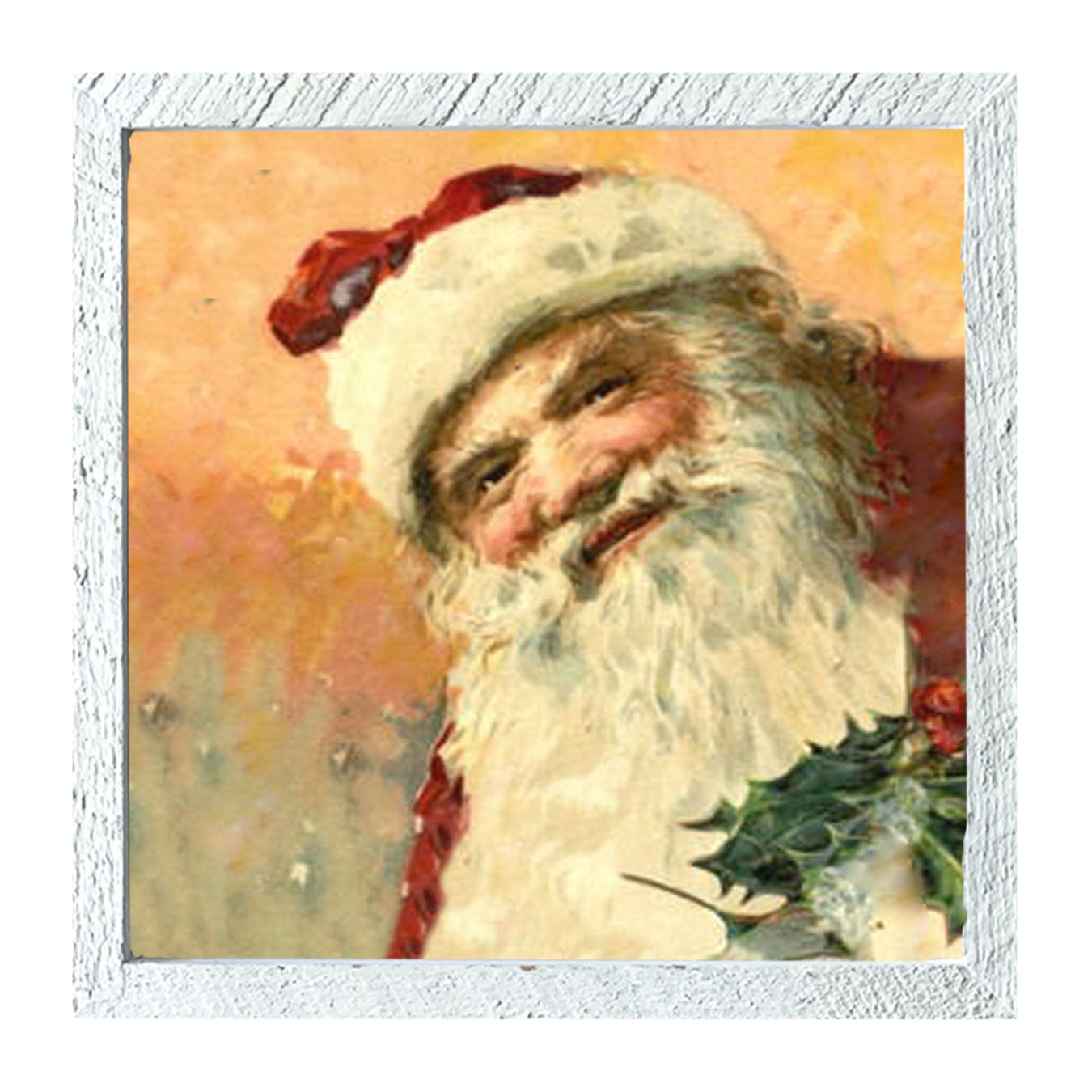 Gold Background Santa with Holly - Framed art