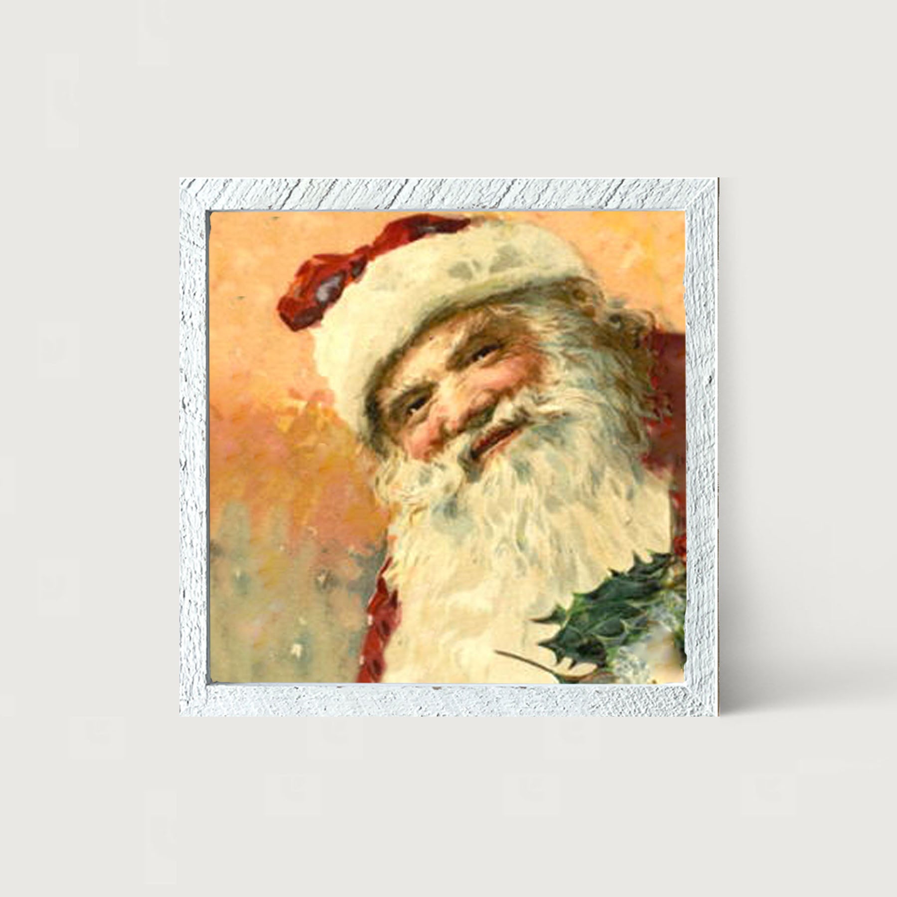 Gold Background Santa with Holly - Framed art