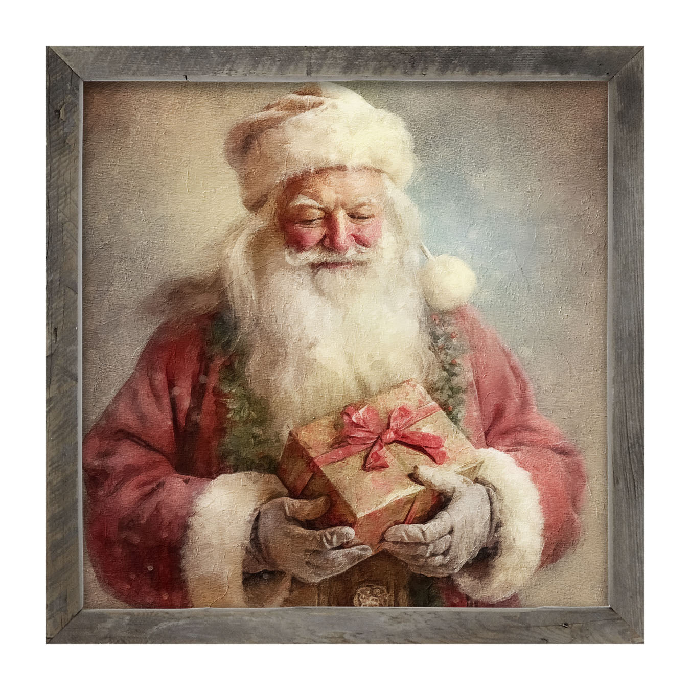 Old world Santa holding present
