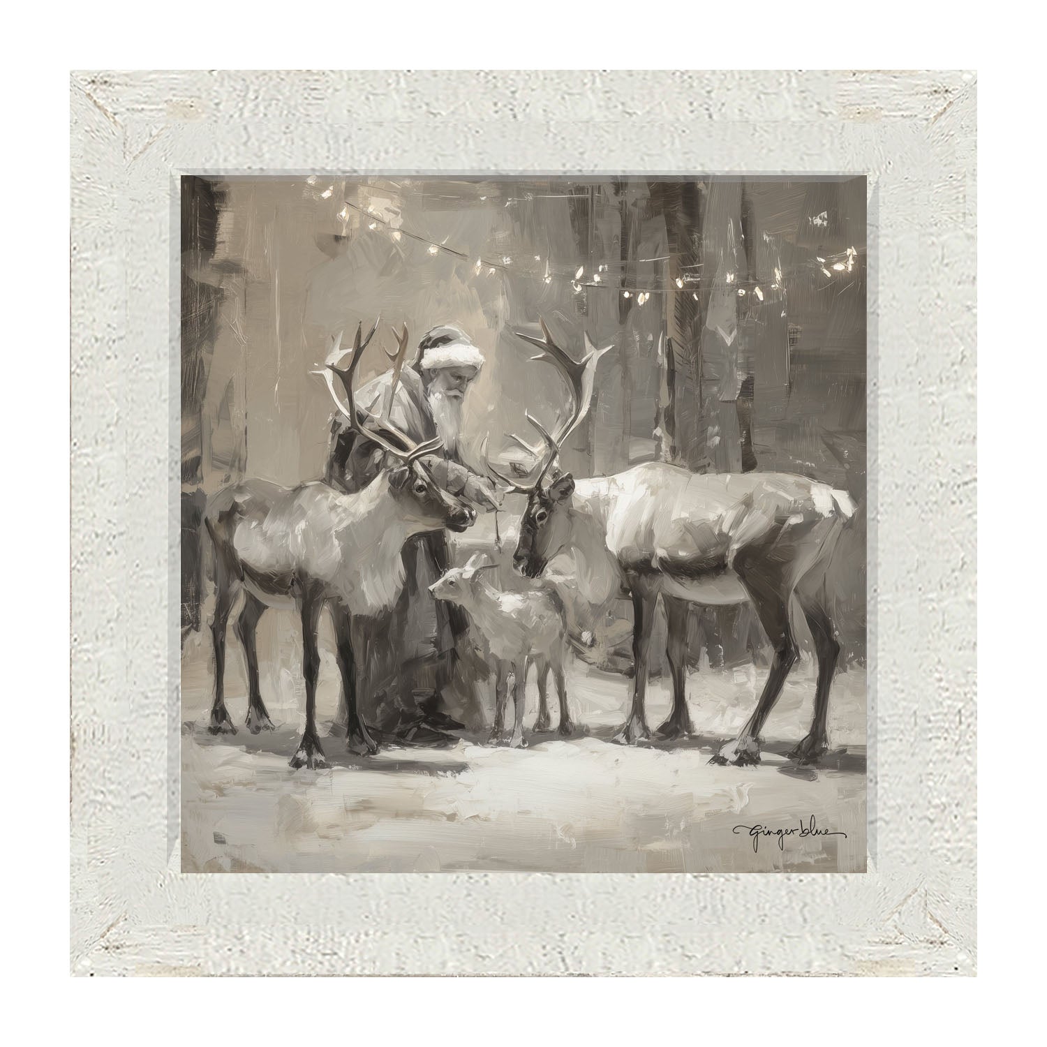 Santa and Reindeers under Christmas Lights - Framed Art