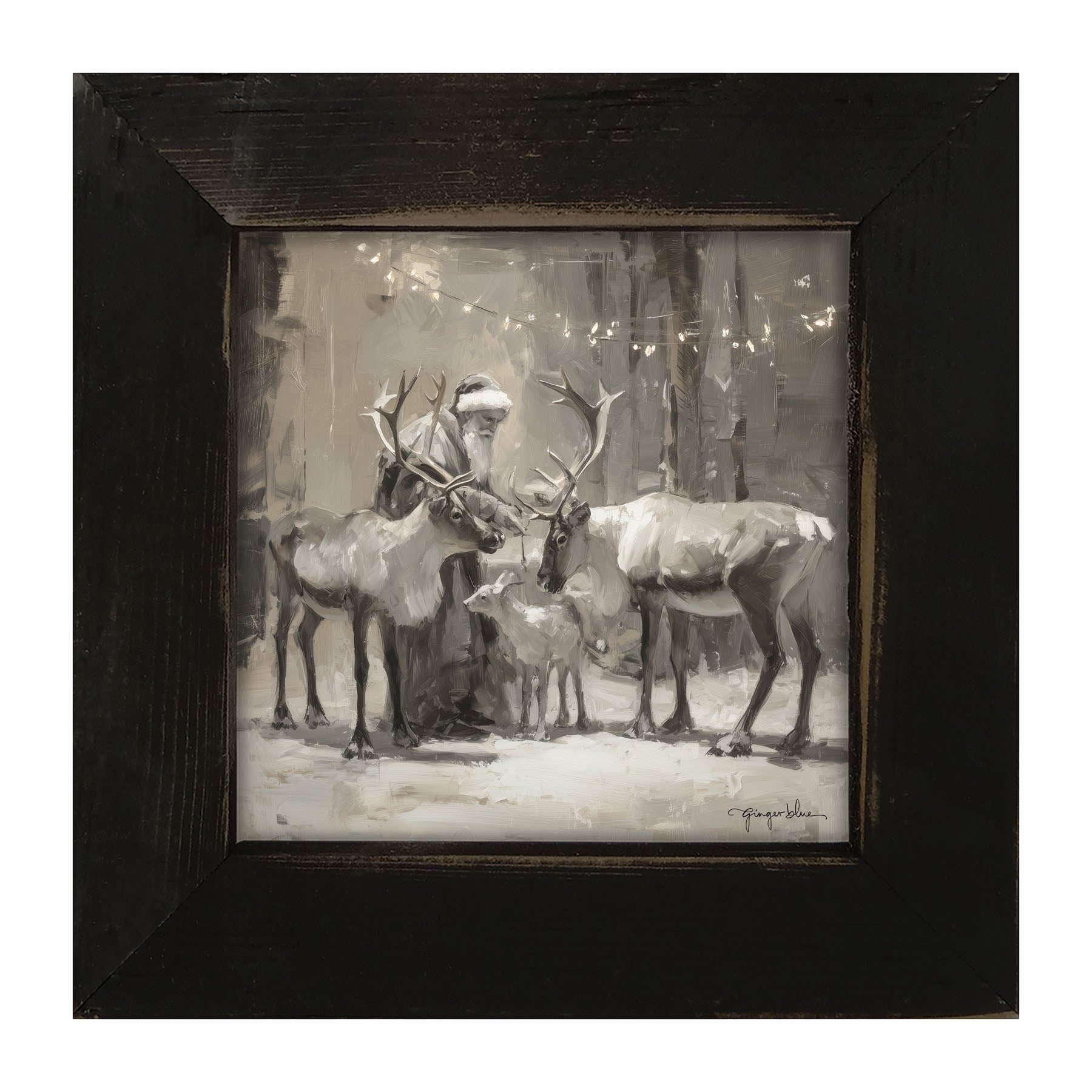 Santa and Reindeers under Christmas Lights - Framed Art