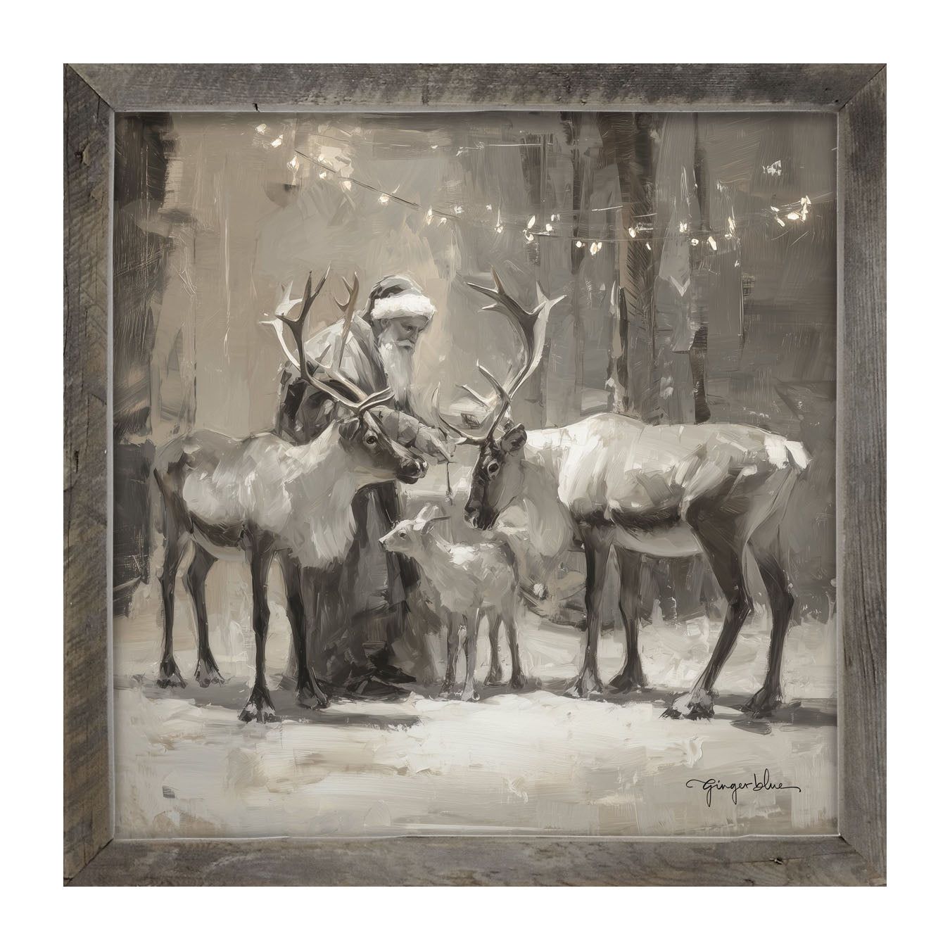 Santa and Reindeers under Christmas Lights - Framed Art
