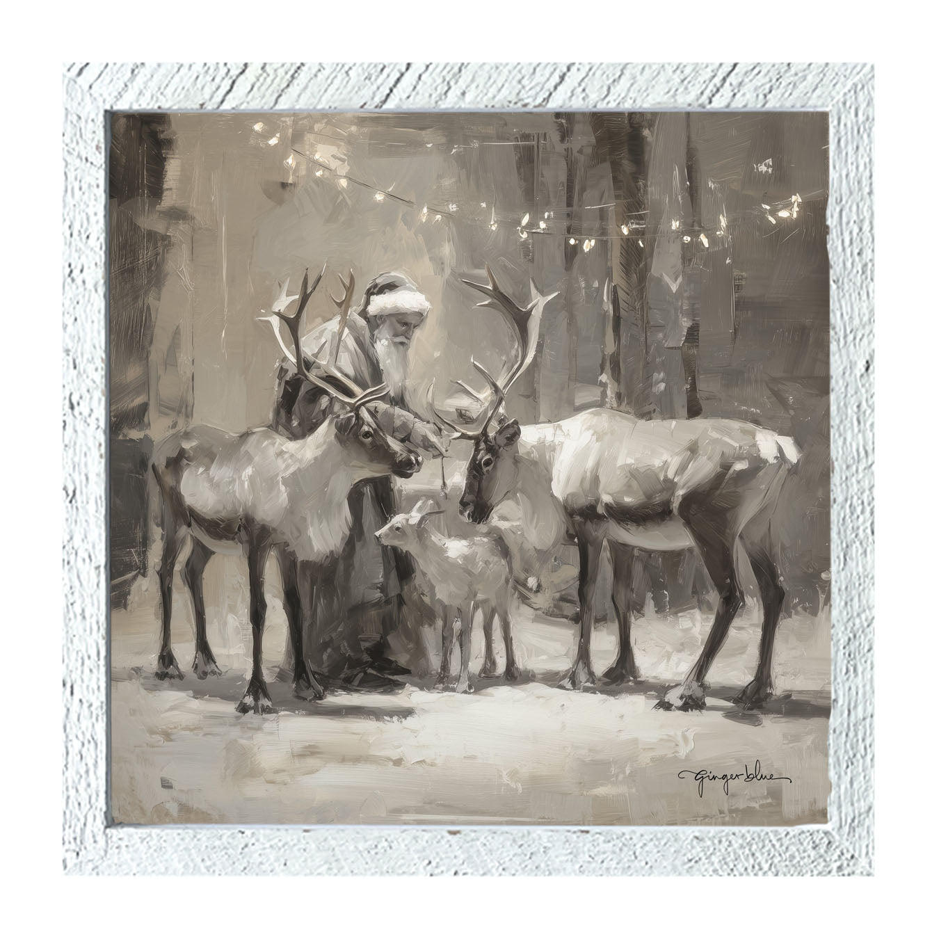Santa and Reindeers under Christmas Lights - Framed Art