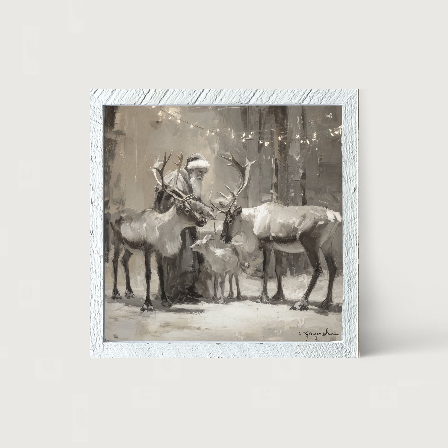 Santa and Reindeers under Christmas Lights - Framed Art