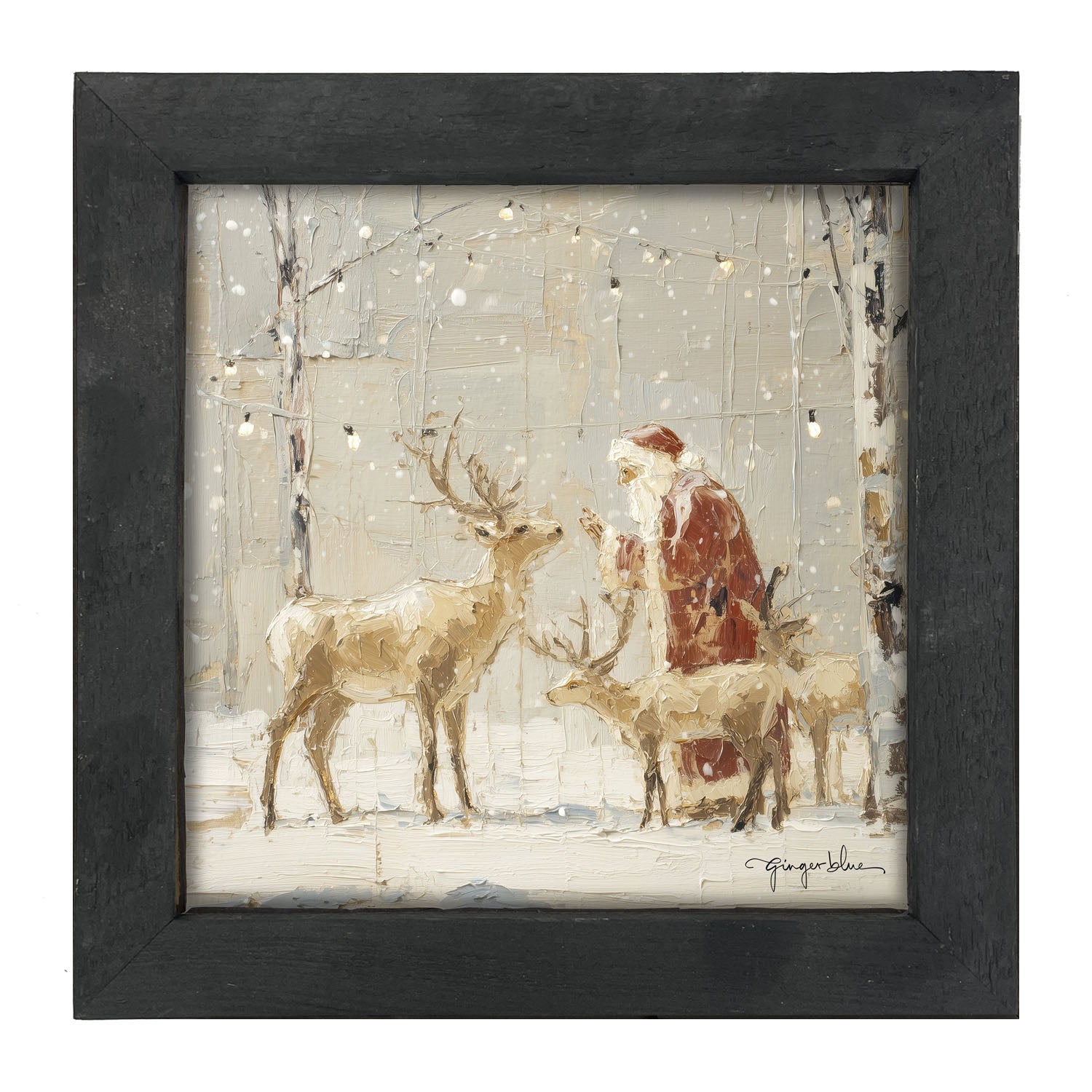 Santa Visiting Reindeer under Lights - Framed Art