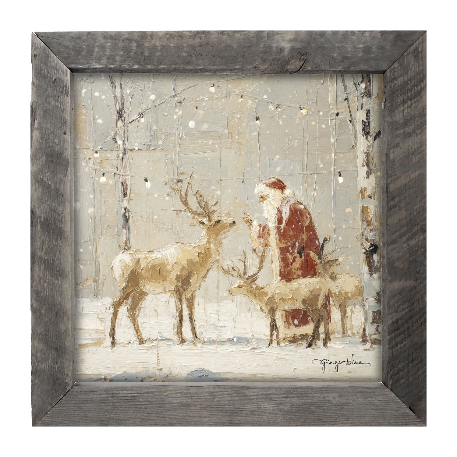 Santa Visiting Reindeer under Lights - Framed Art