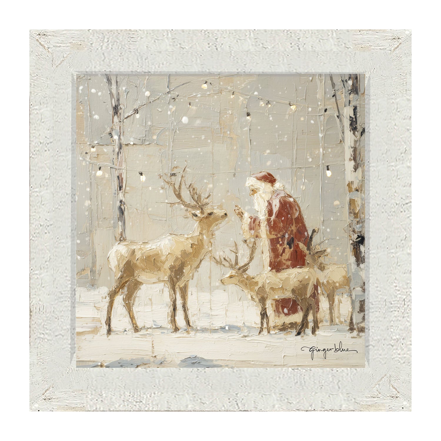 Santa Visiting Reindeer under Lights - Framed Art