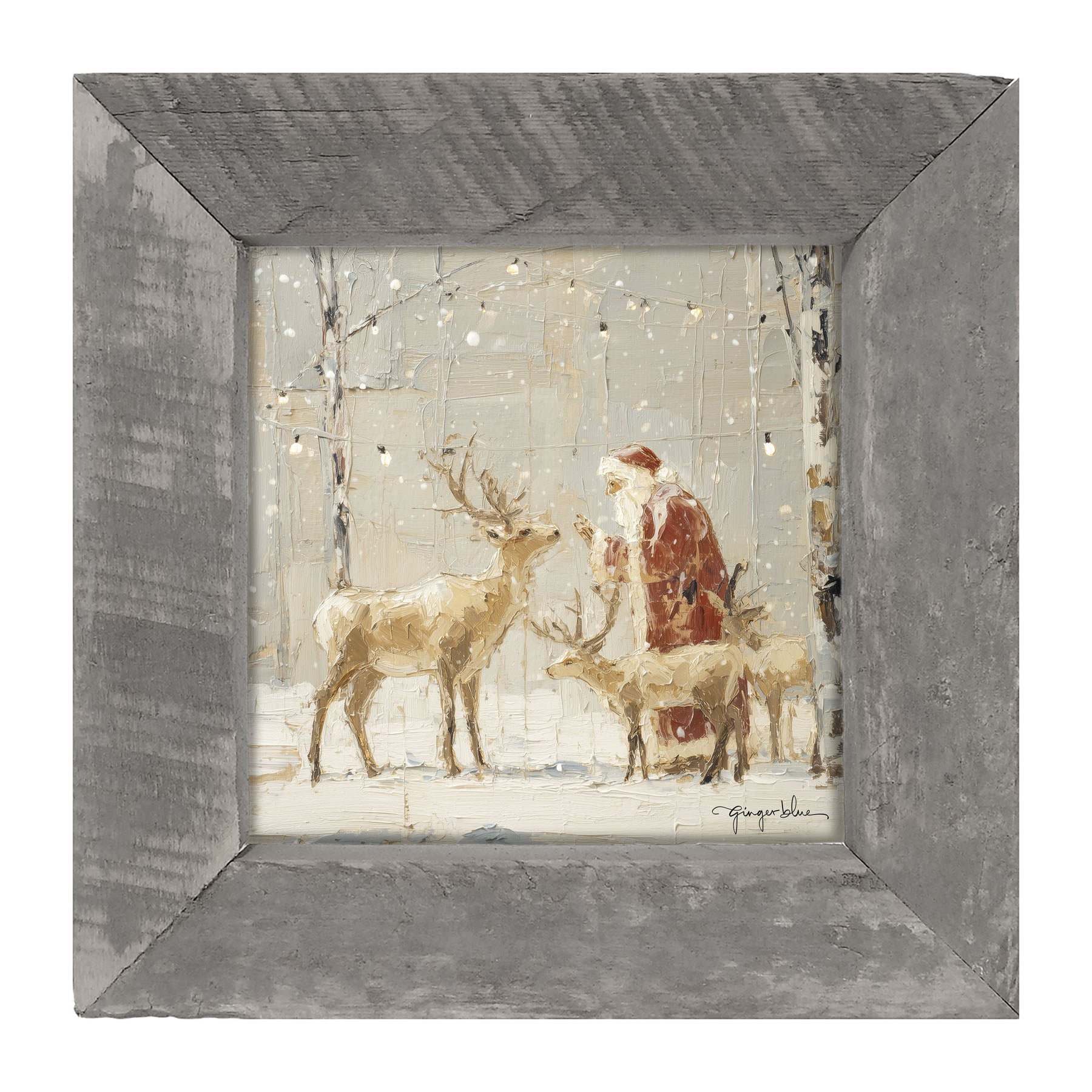 Santa Visiting Reindeer under Lights - Framed Art