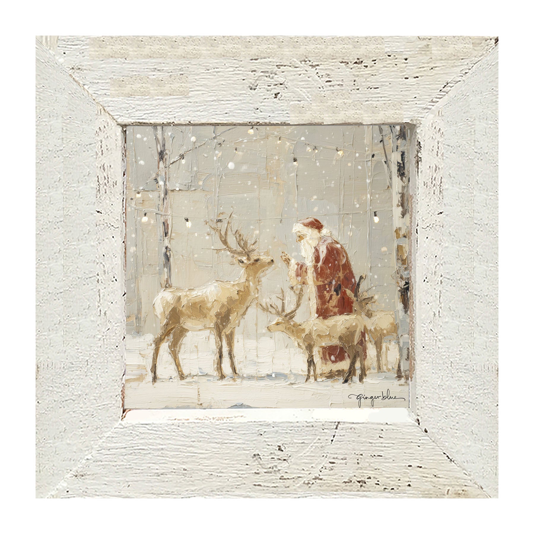 Santa Visiting Reindeer under Lights - Framed Art