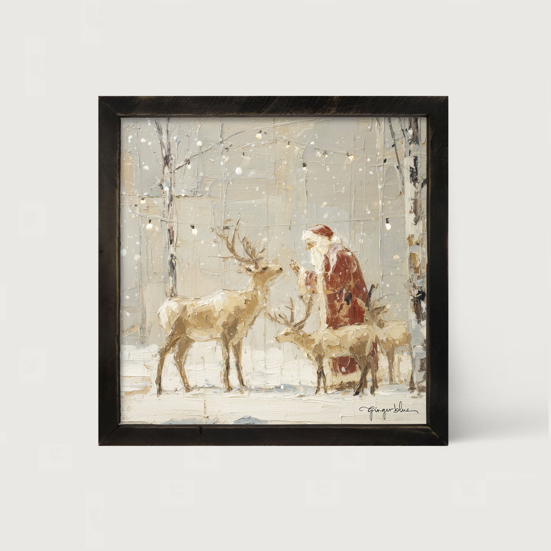 Santa Visiting Reindeer under Lights - Framed Art