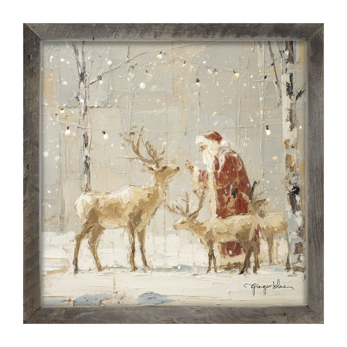 Santa Visiting Reindeer under Lights - Framed Art