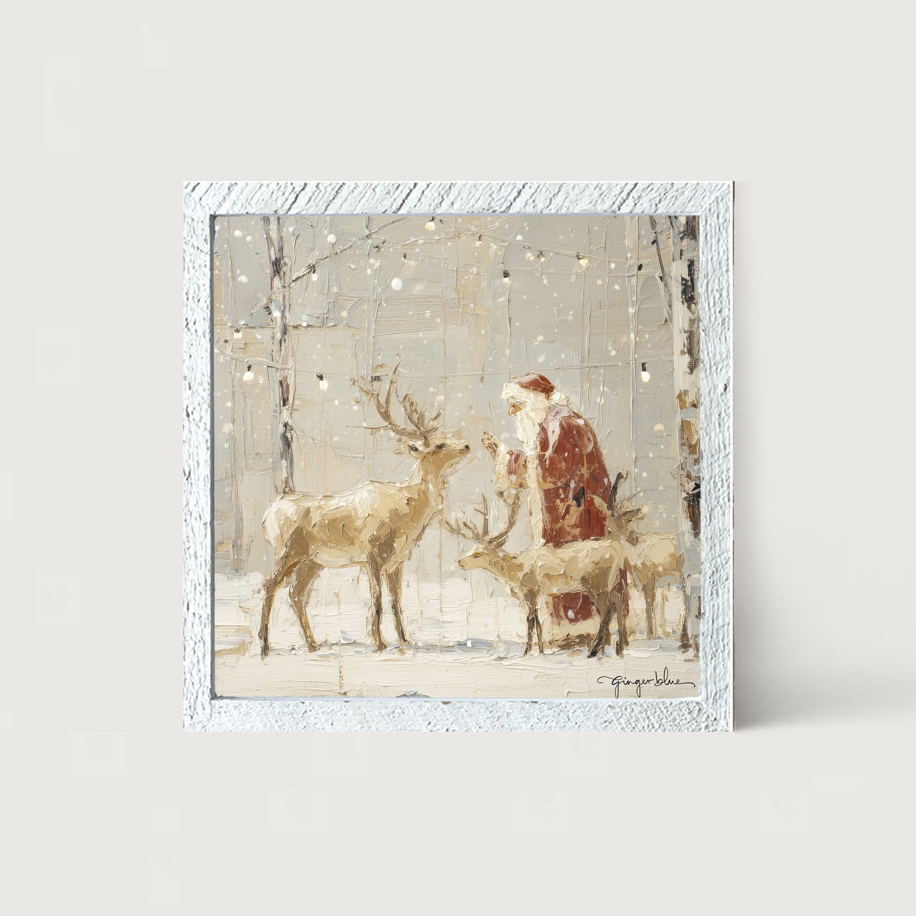 Santa Visiting Reindeer under Lights - Framed Art