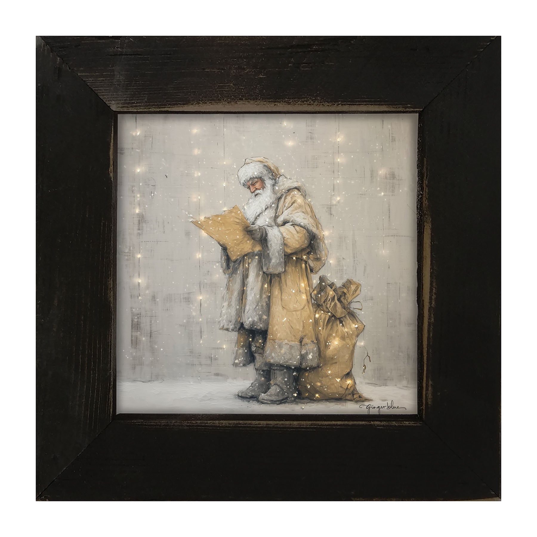 Santa Checking his List under Christmas Lights - Framed Art