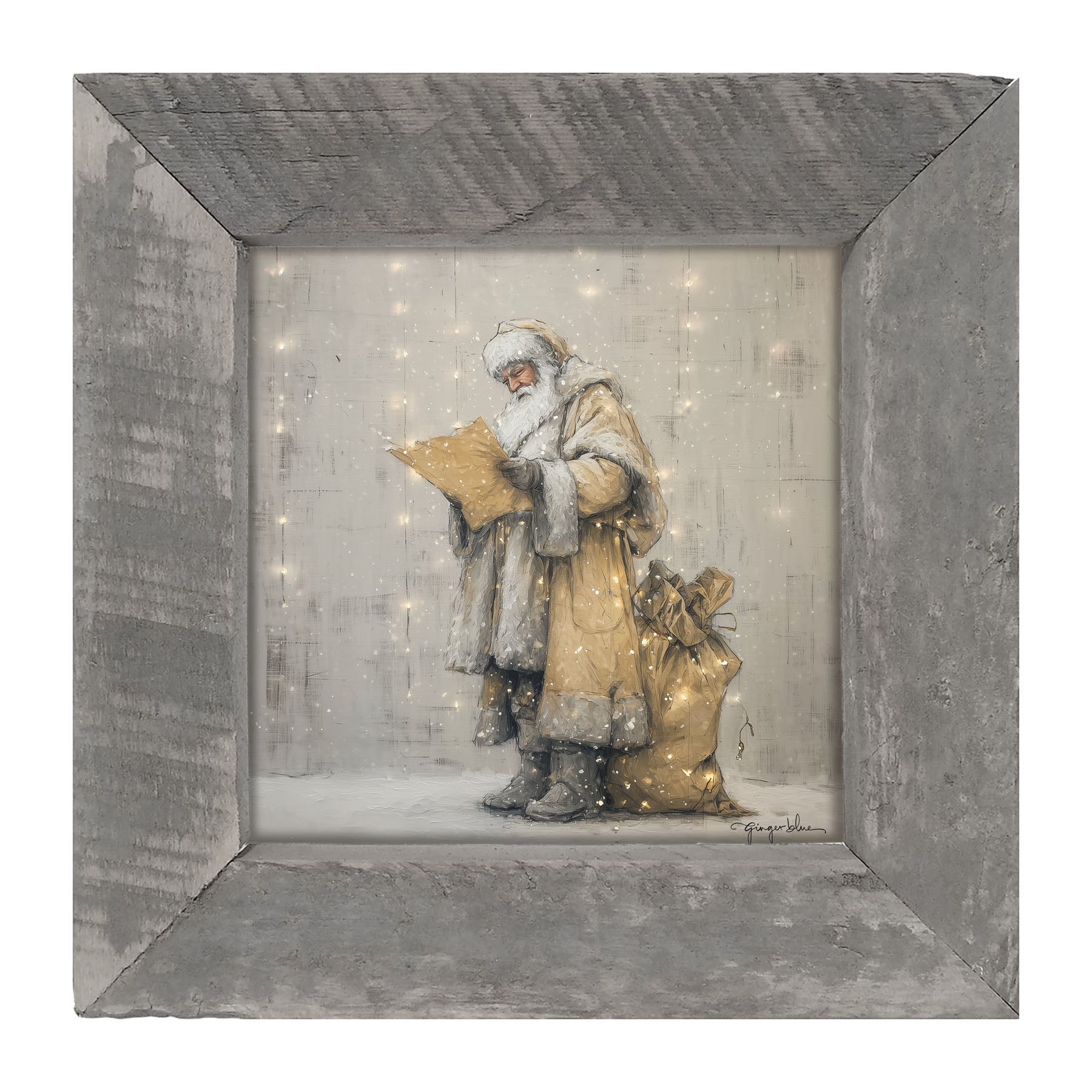 Santa Checking his List under Christmas Lights - Framed Art