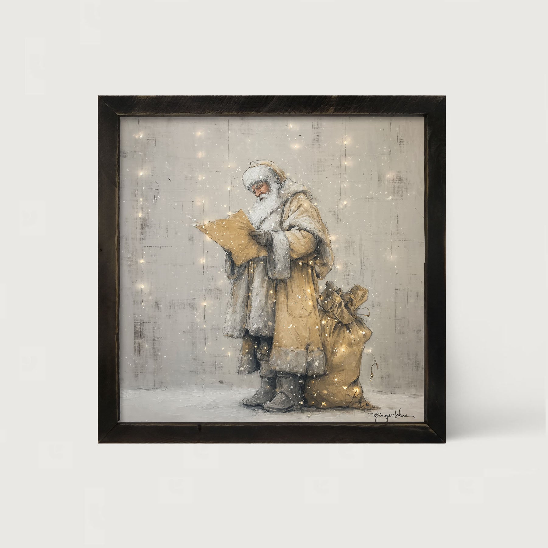 Santa Checking his List under Christmas Lights - Framed Art