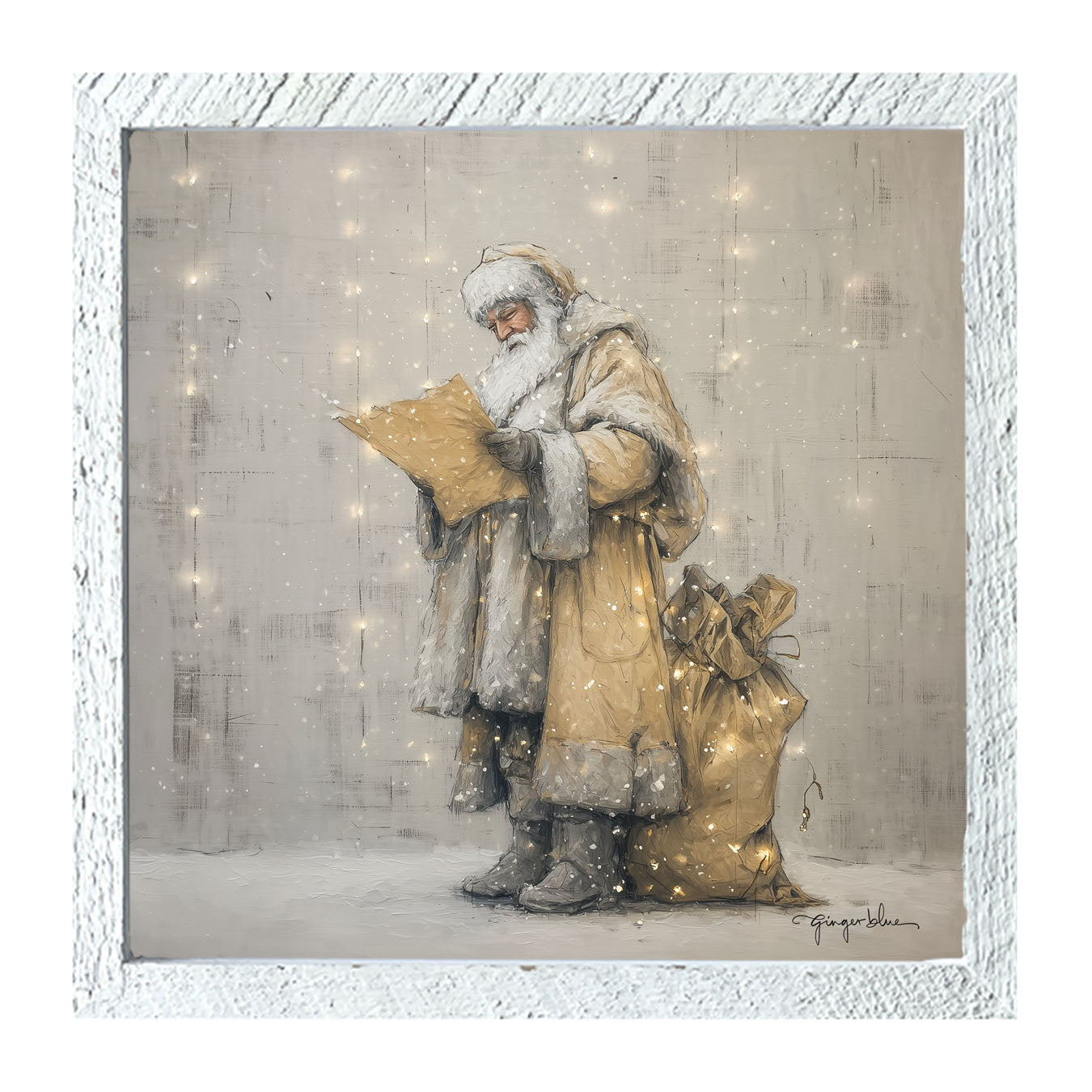 Santa Checking his List under Christmas Lights - Framed Art