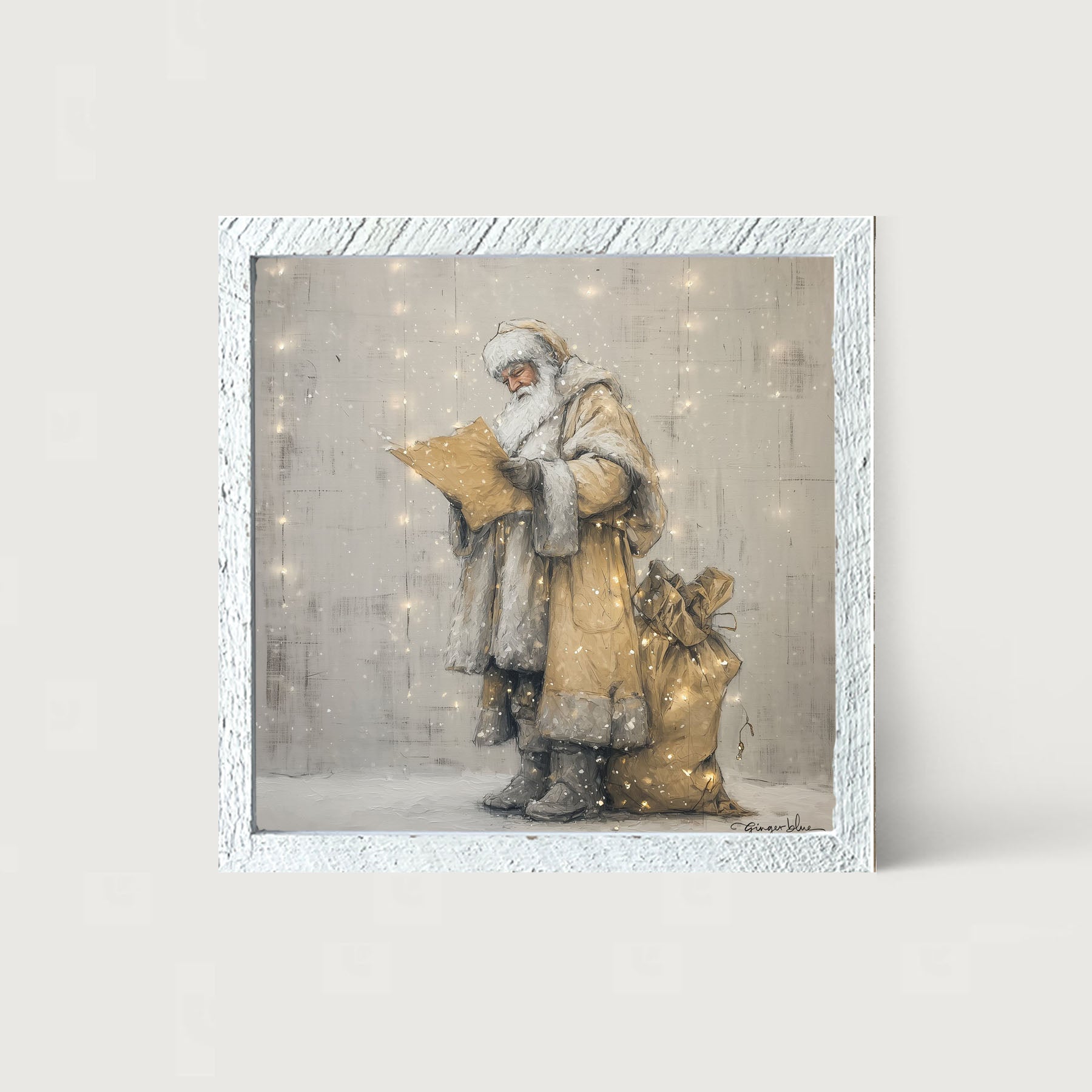 Santa Checking his List under Christmas Lights - Framed Art