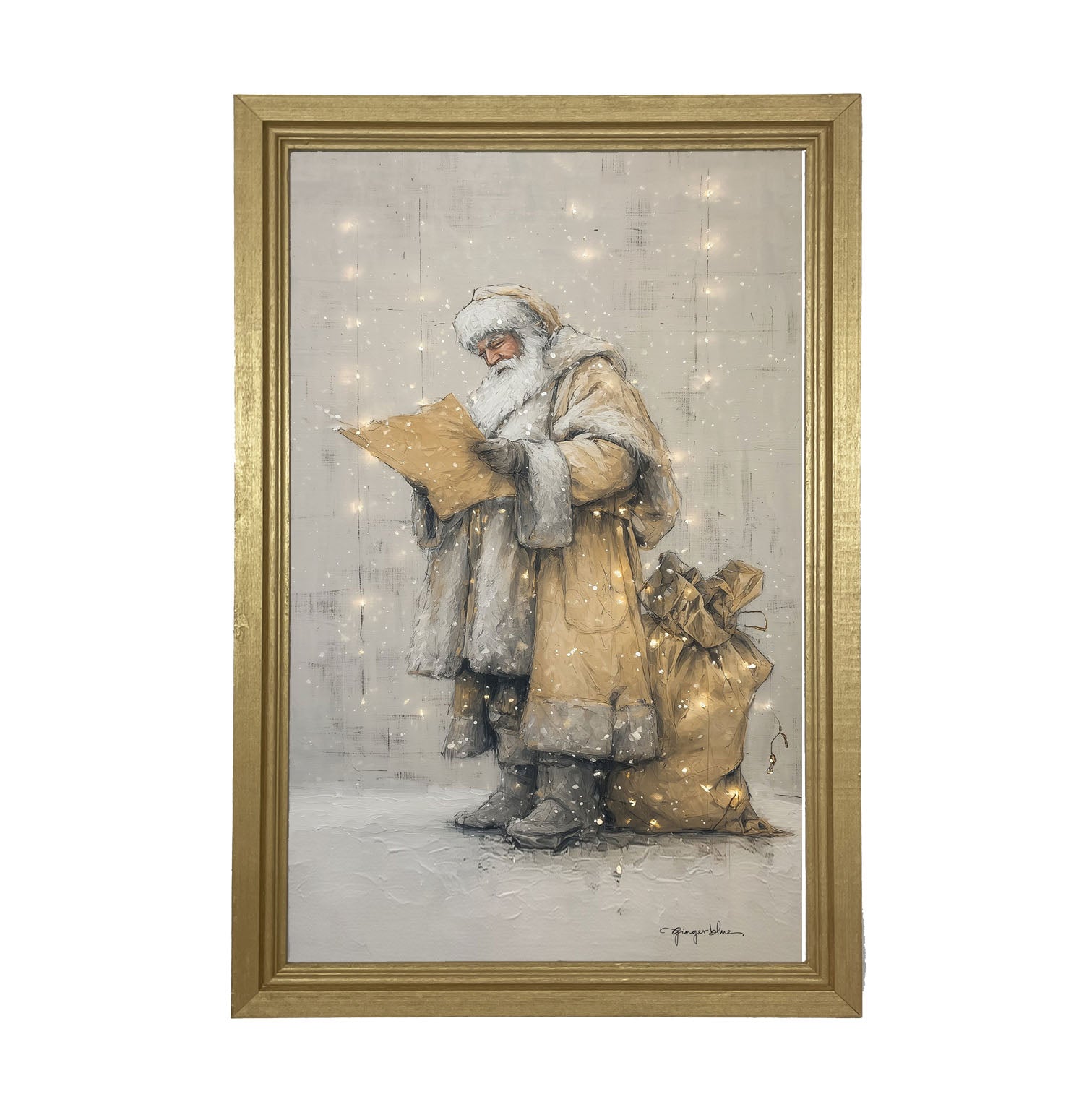 Santa Checking his List under Christmas Lights - Framed Art