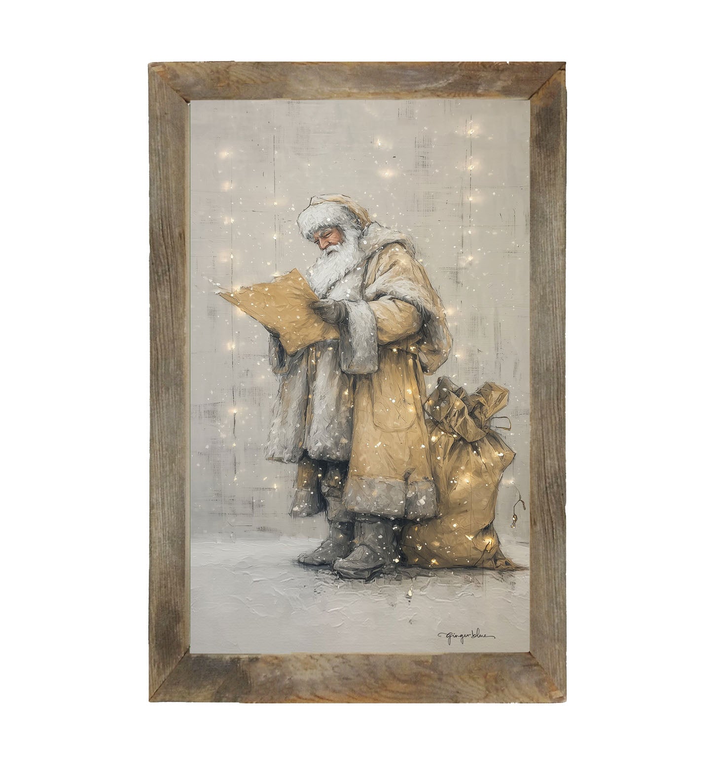 Santa Checking his List under Christmas Lights - Framed Art