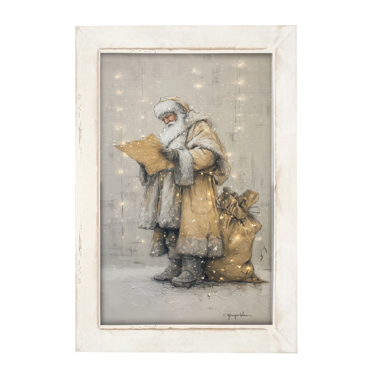 Santa Checking his List under Christmas Lights - Framed Art