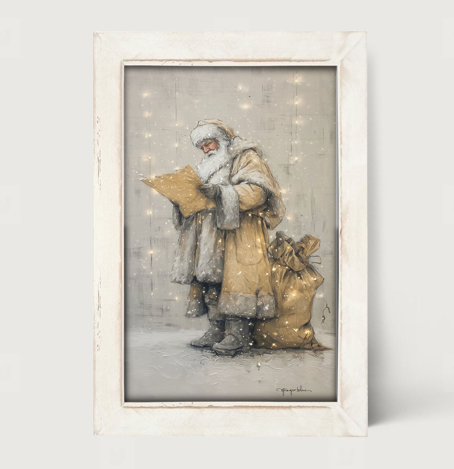 Santa Checking his List under Christmas Lights - Framed Art