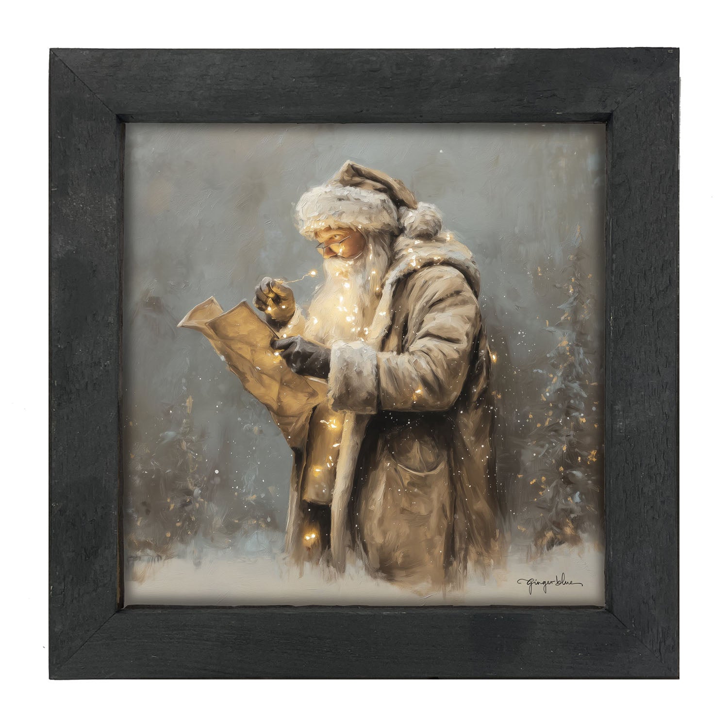 Santa Reading his list with Christmas Lights - Framed Art
