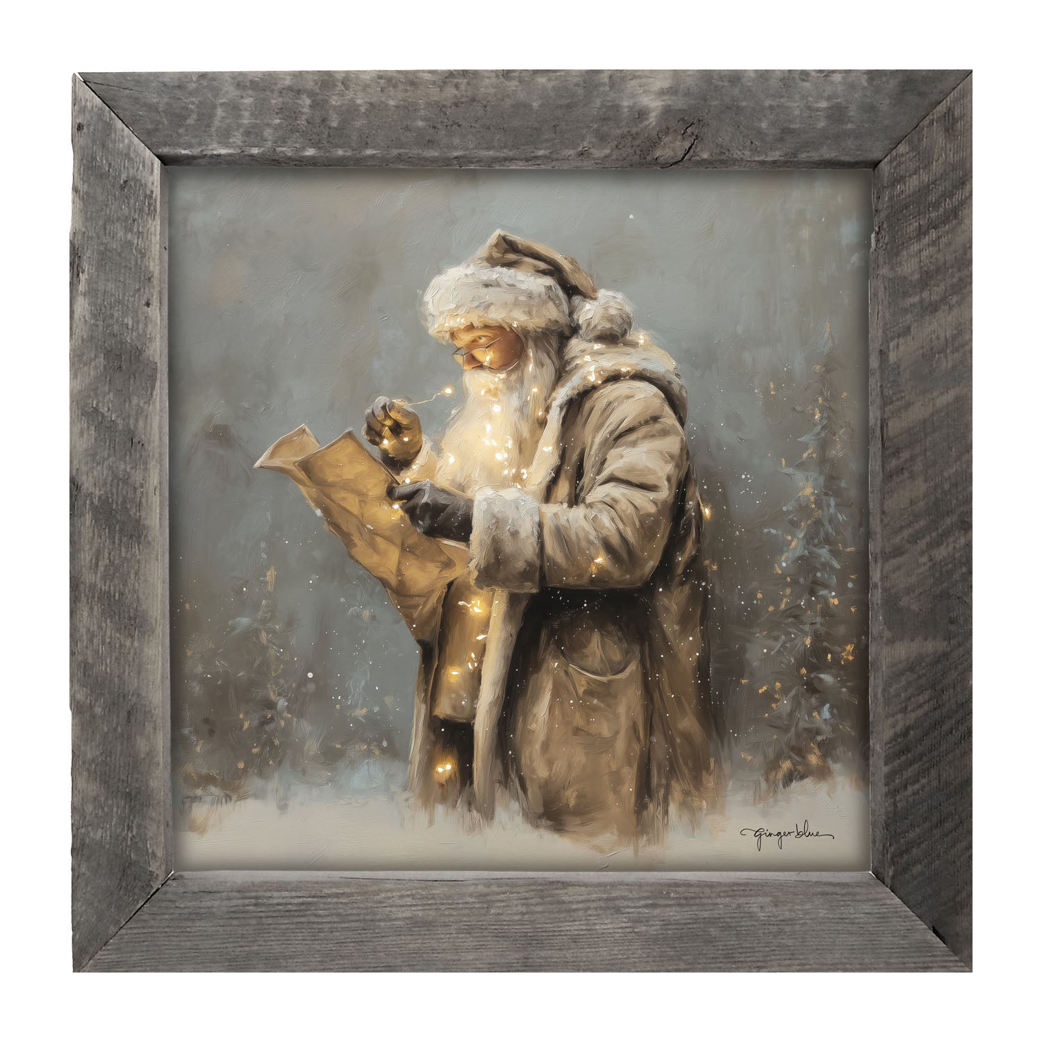 Santa Reading his list with Christmas Lights - Framed Art