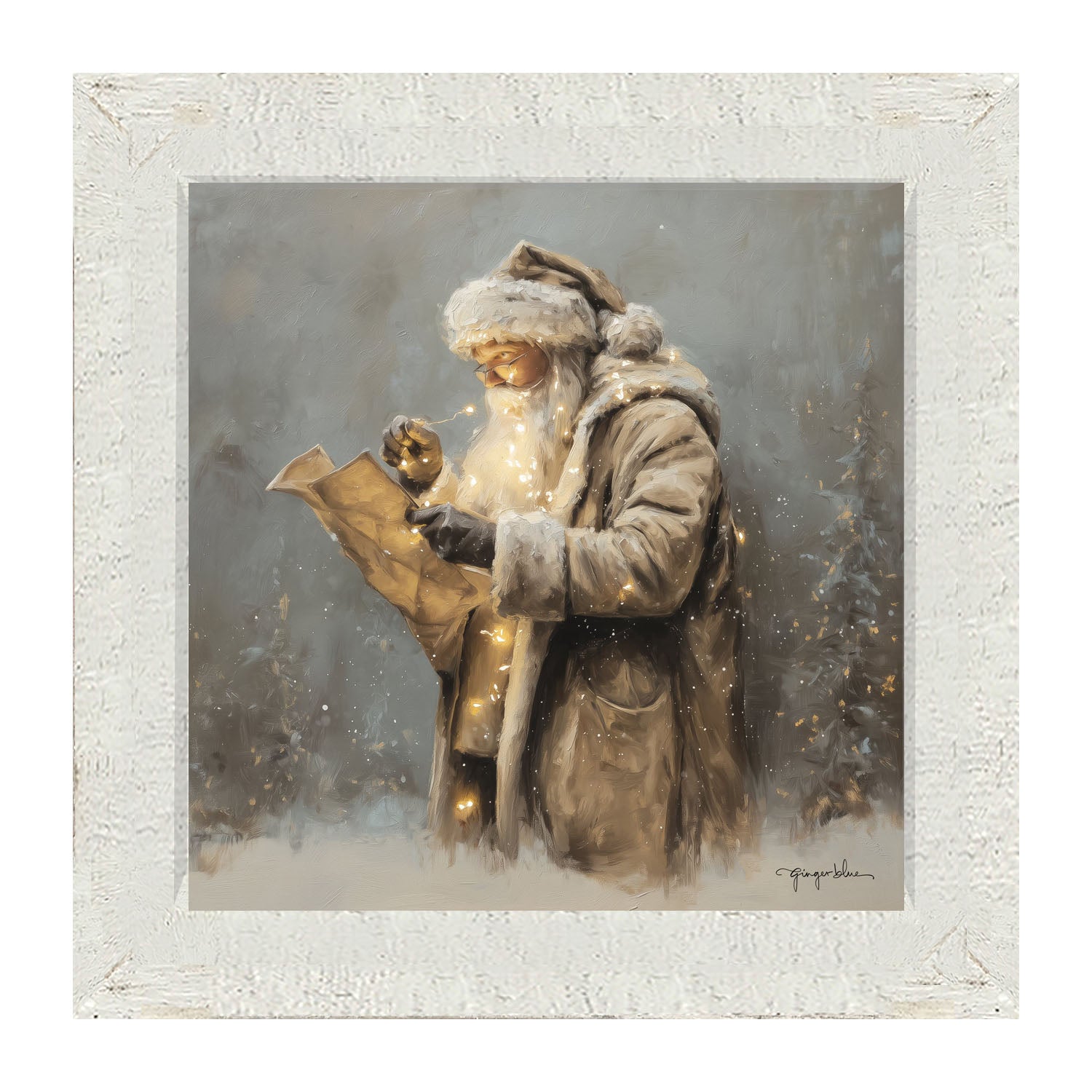 Santa Reading his list with Christmas Lights - Framed Art