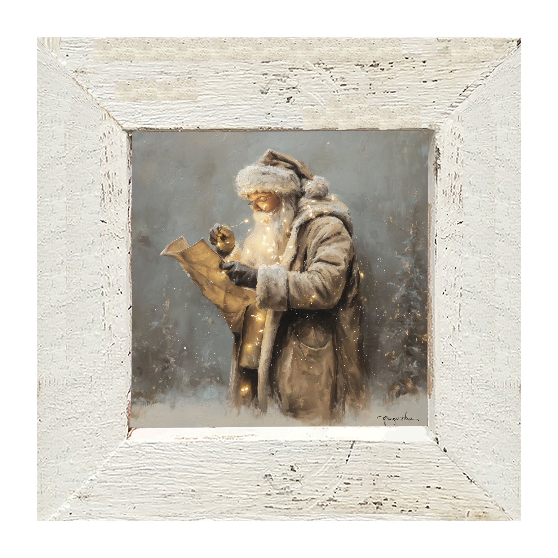 Santa Reading his list with Christmas Lights - Framed Art
