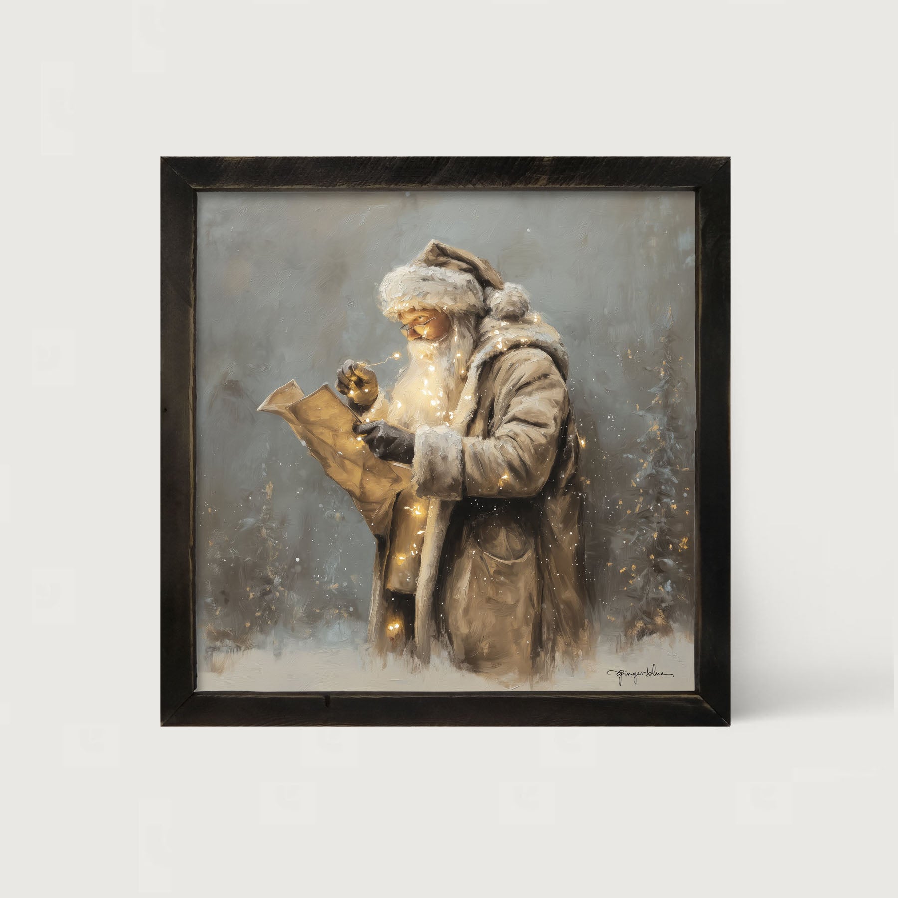 Santa Reading his list with Christmas Lights - Framed Art