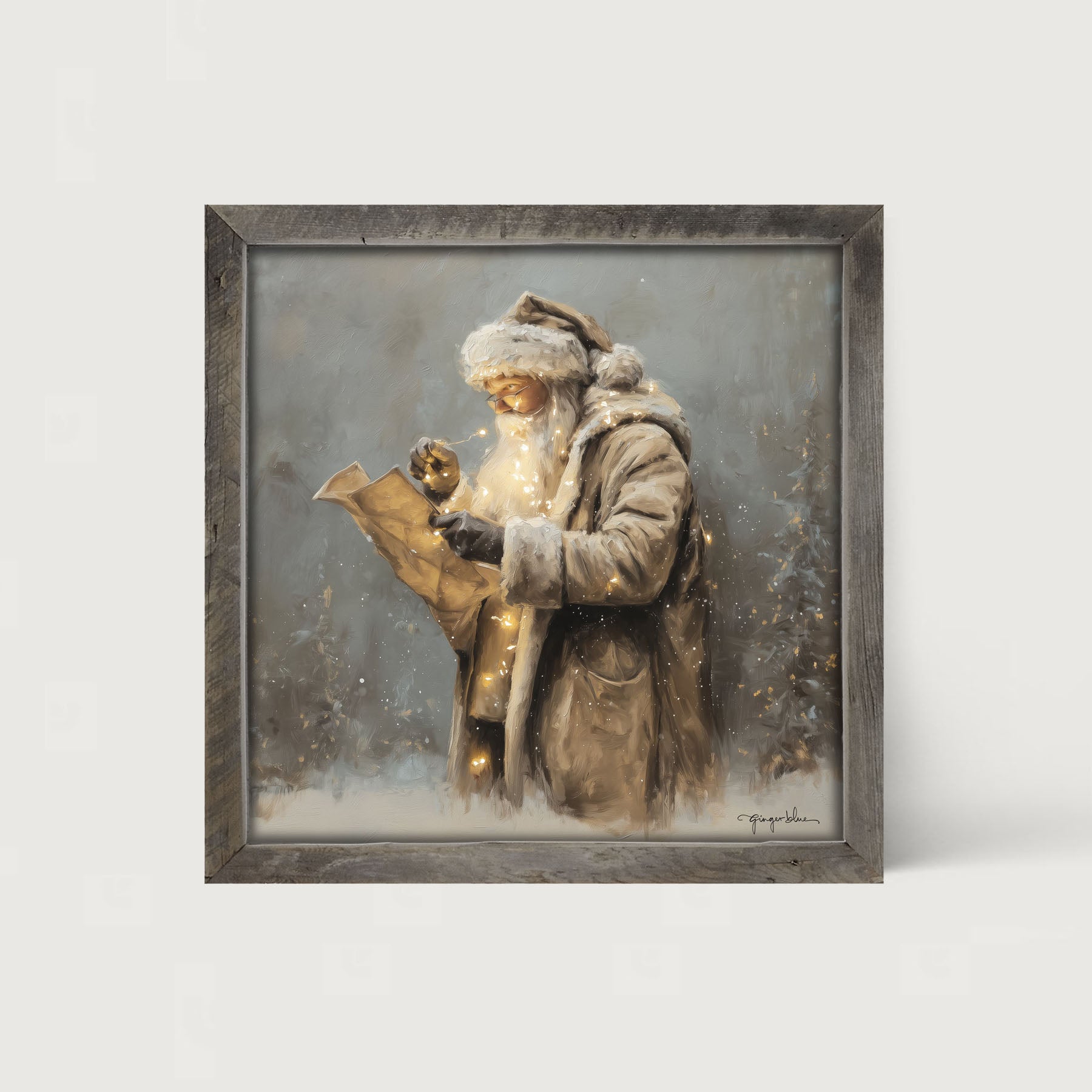 Santa Reading his list with Christmas Lights - Framed Art