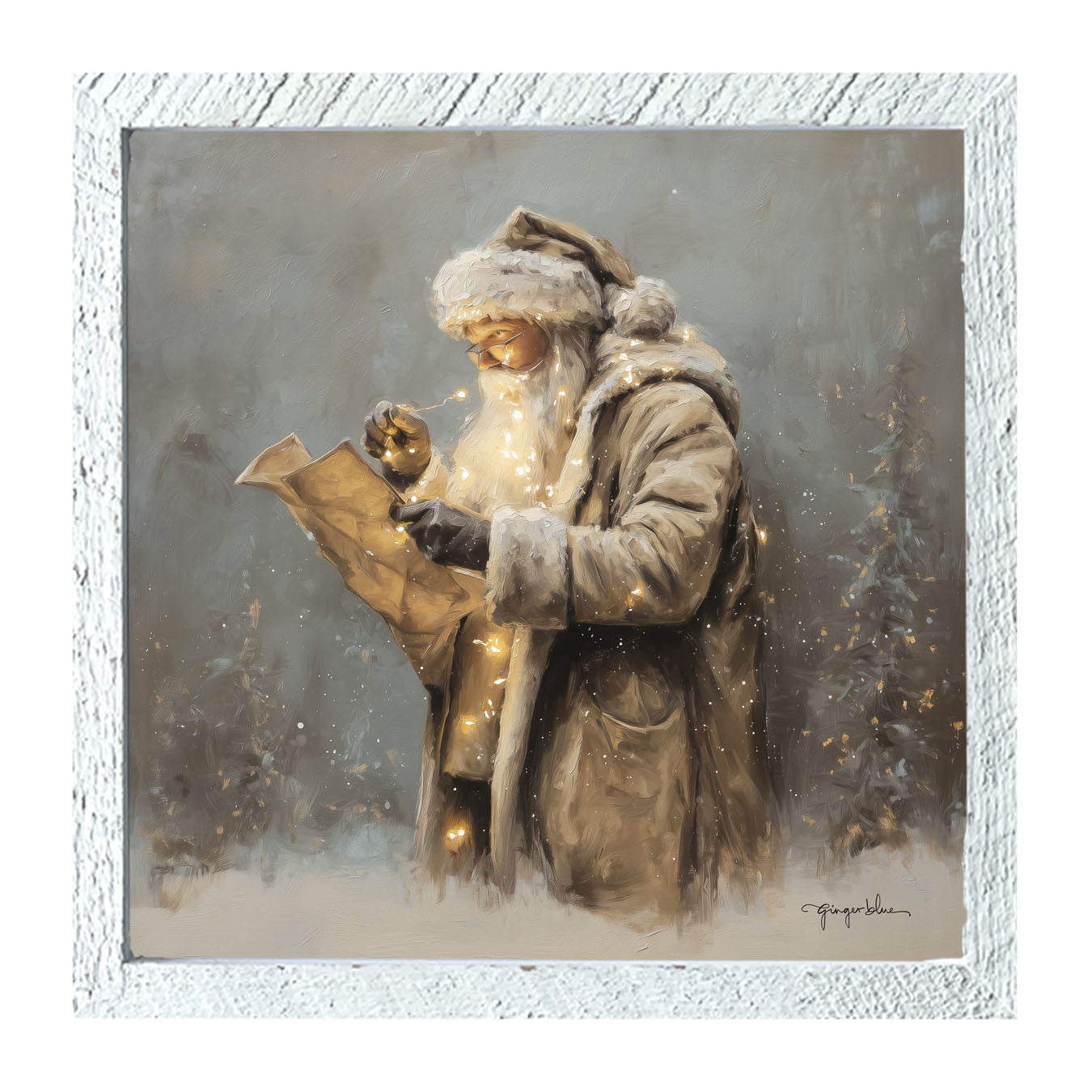 Santa Reading his list with Christmas Lights - Framed Art