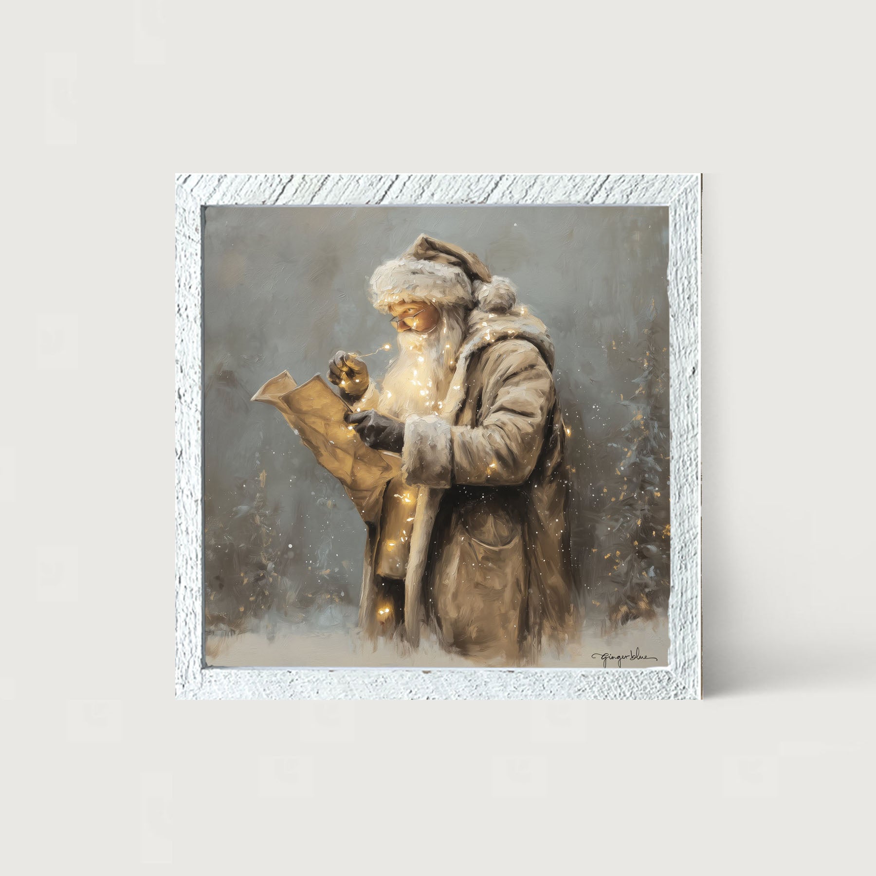 Santa Reading his list with Christmas Lights - Framed Art