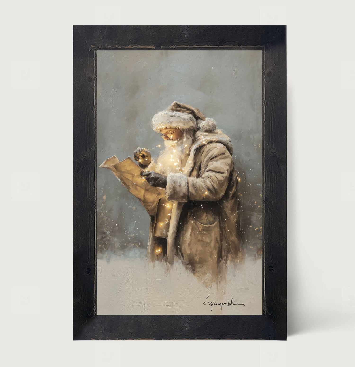 Santa Reading his list with Christmas Lights - Framed Art