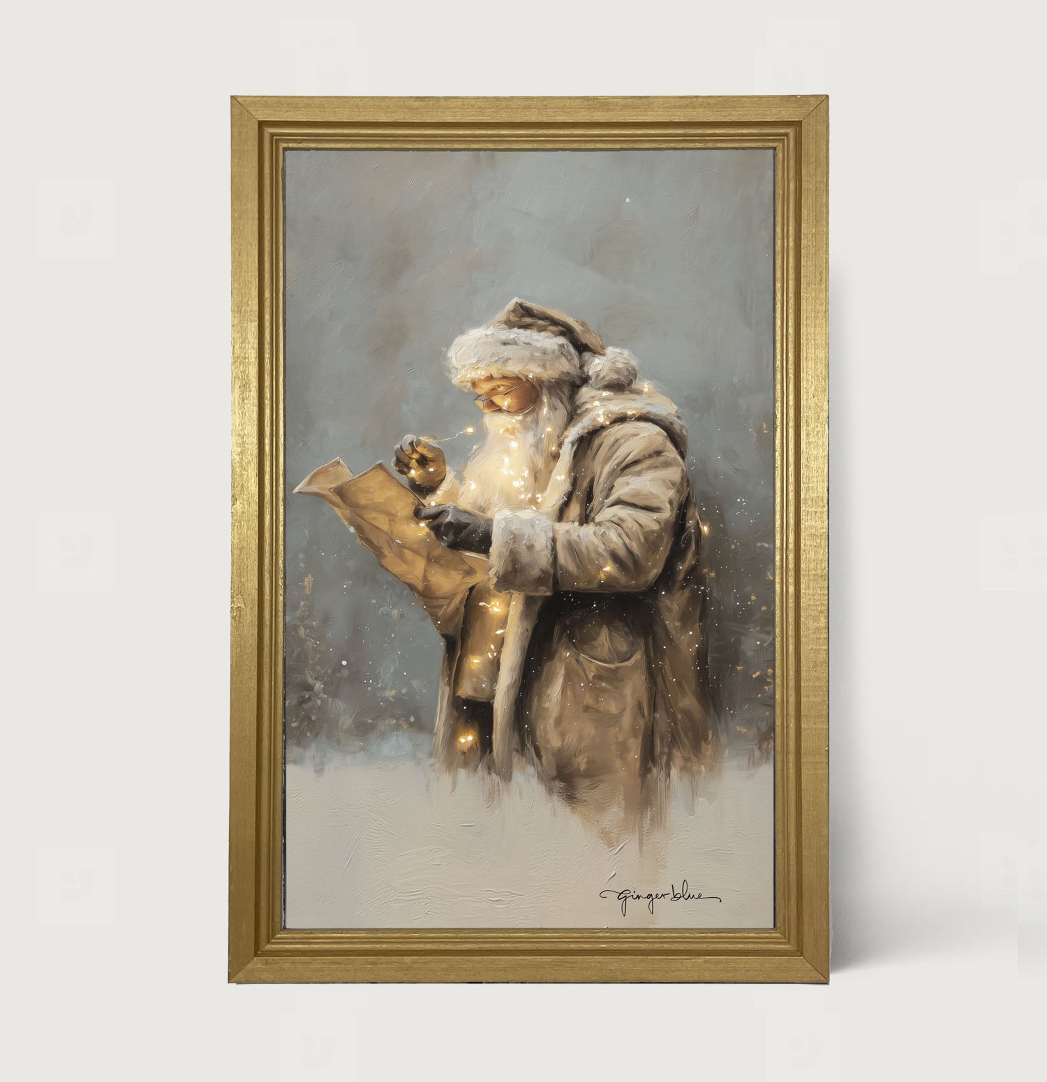 Santa Reading his list with Christmas Lights - Framed Art