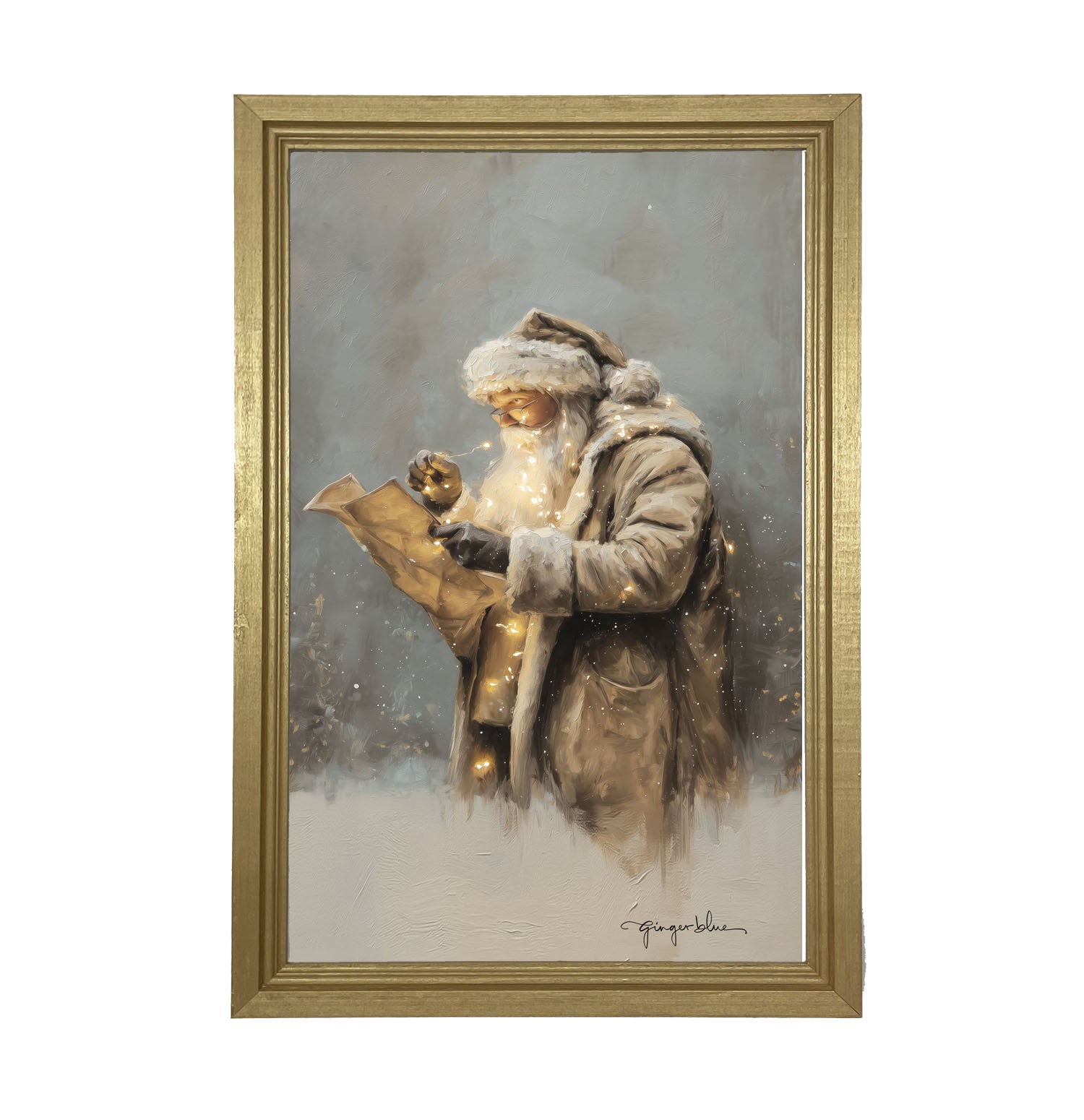 Santa Reading his list with Christmas Lights - Framed Art