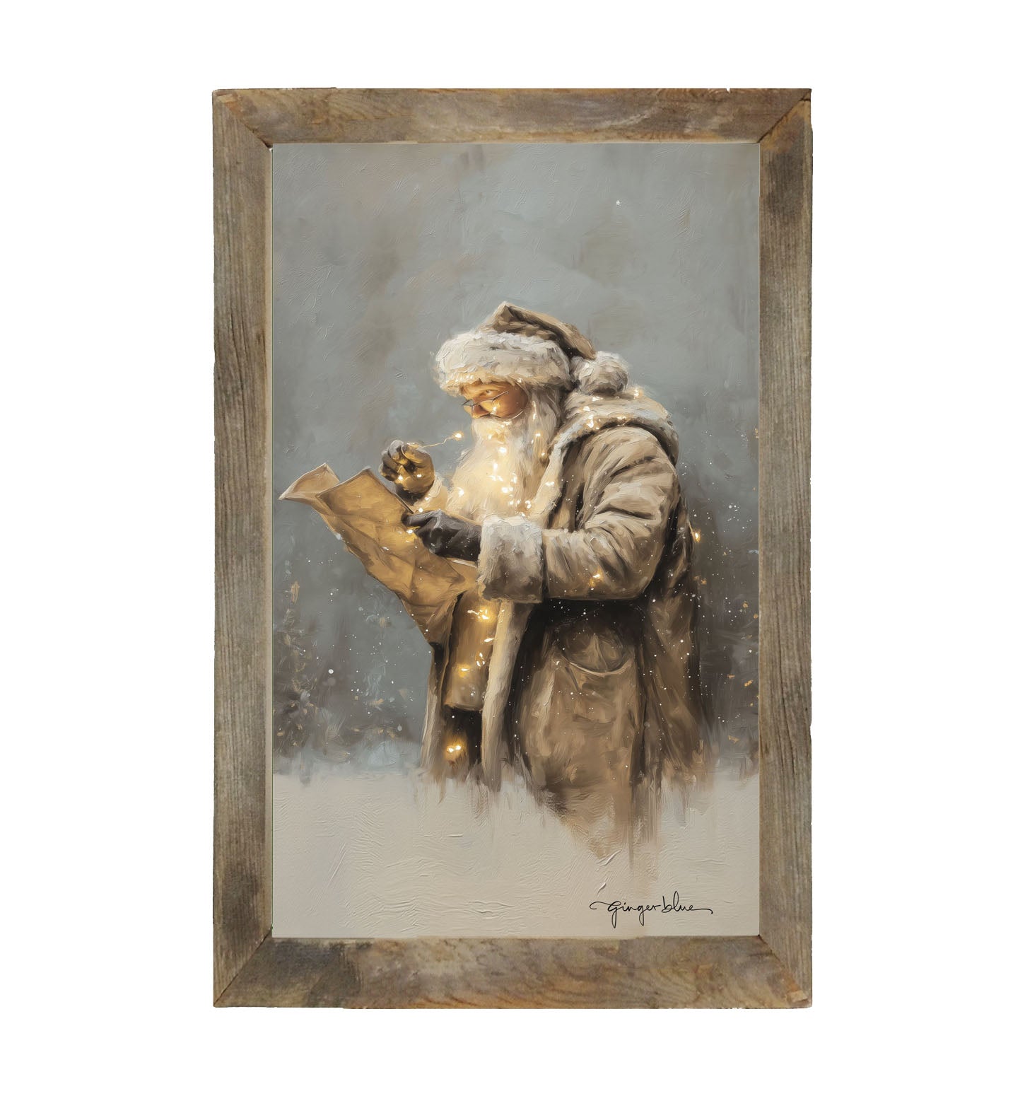 Santa Reading his list with Christmas Lights - Framed Art