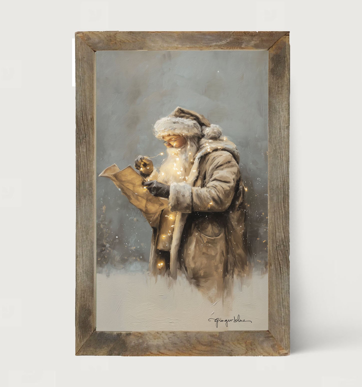 Santa Reading his list with Christmas Lights - Framed Art
