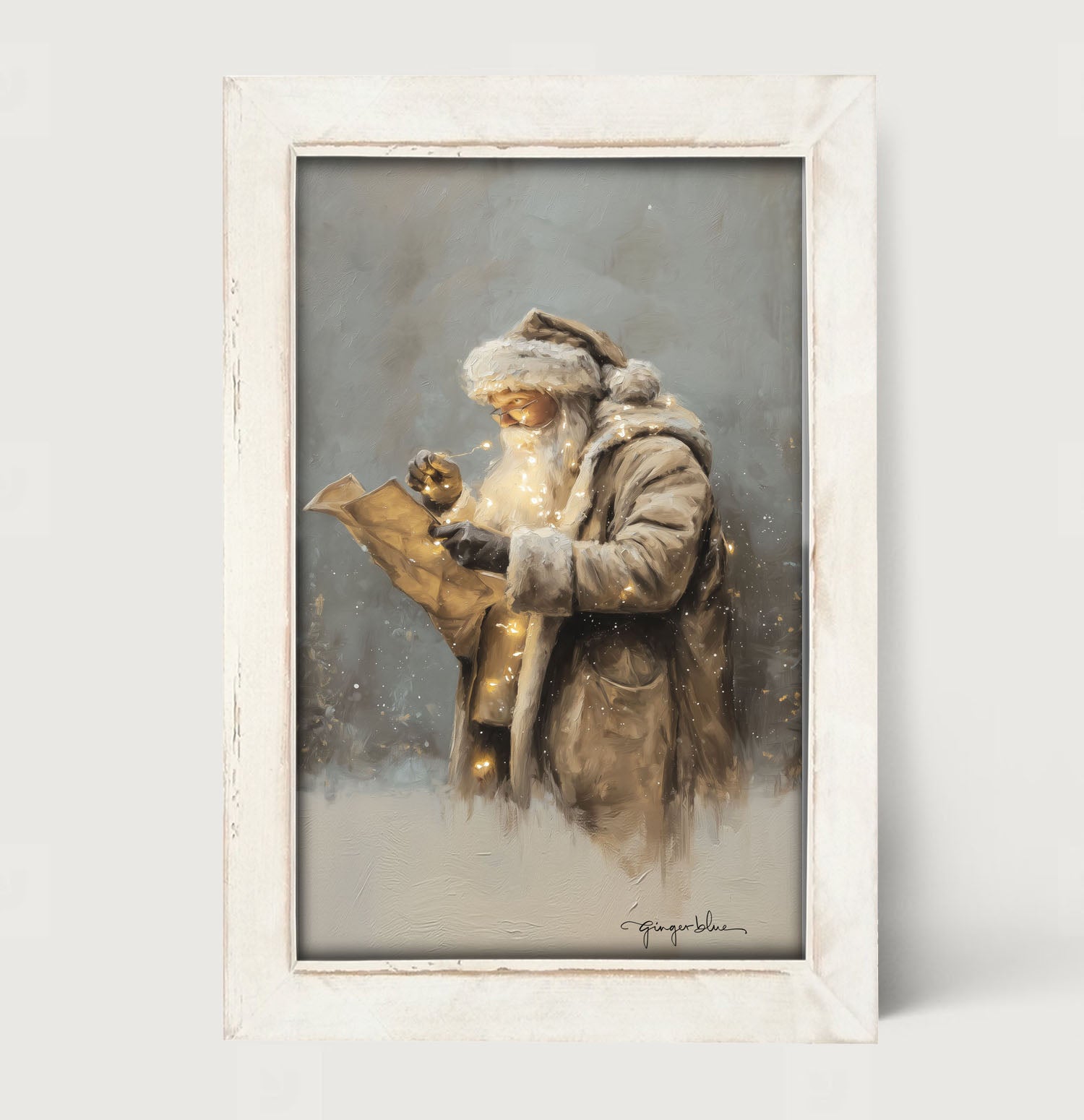 Santa Reading his list with Christmas Lights - Framed Art
