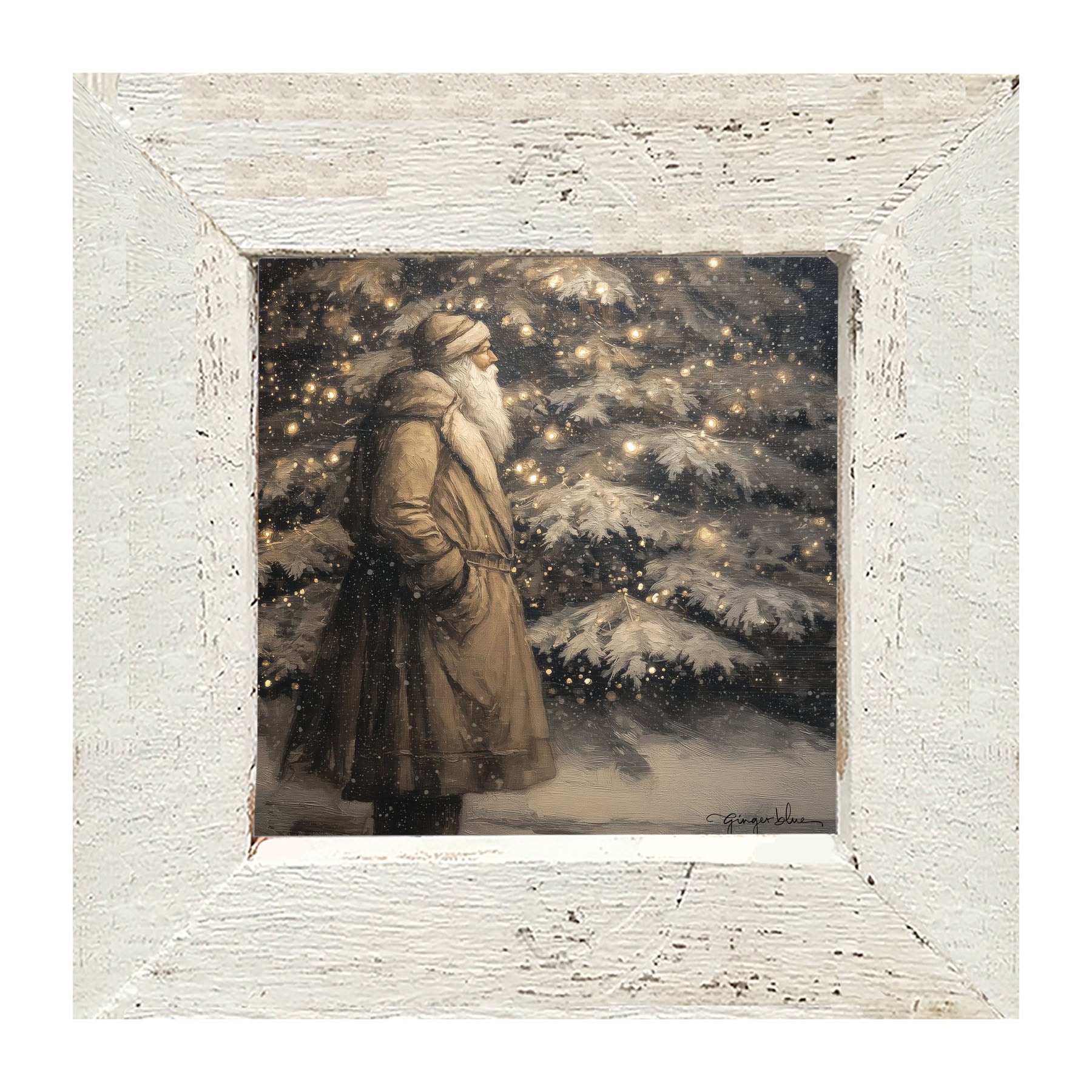 Santa near Lit Christmas Tree - Framed Art