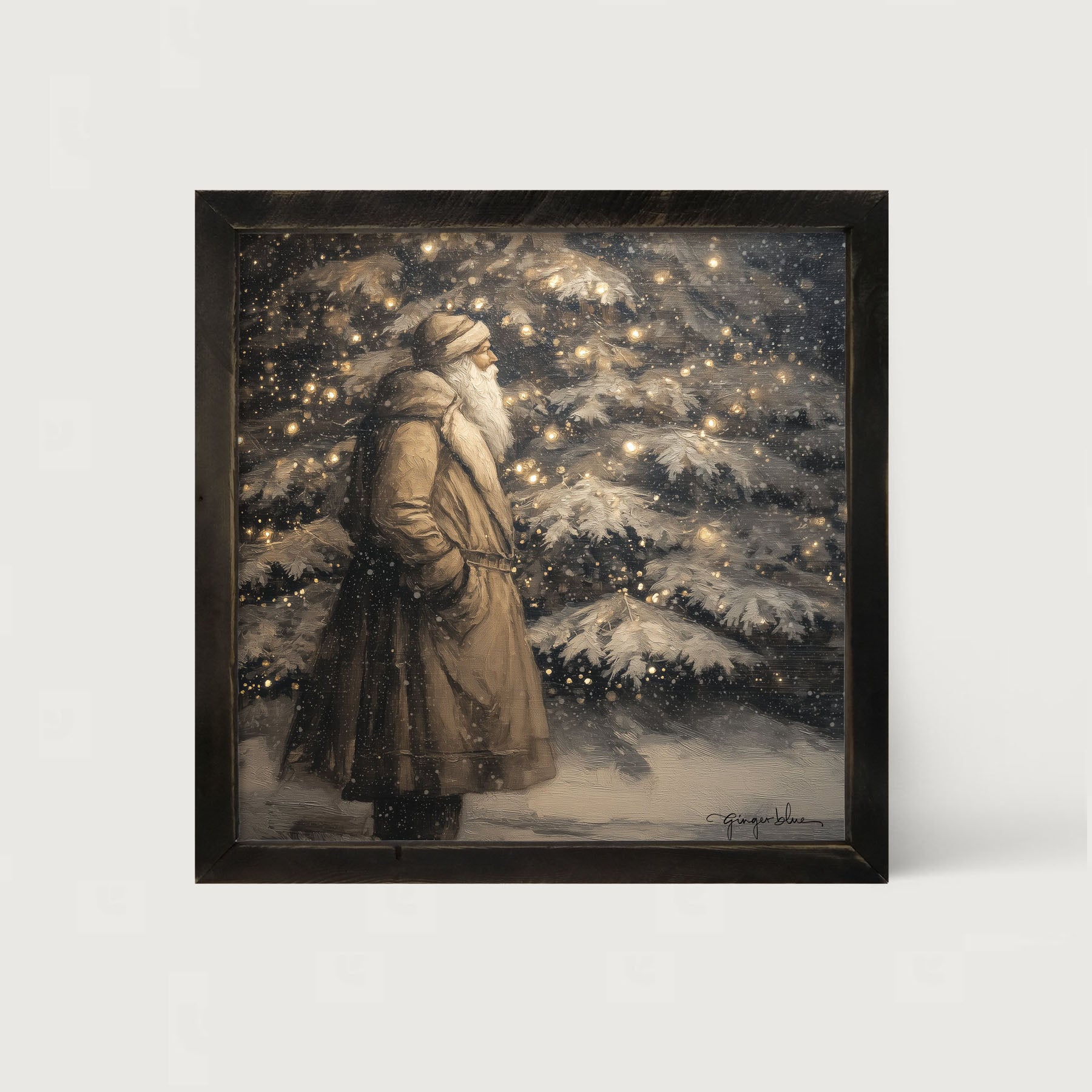 Santa near Lit Christmas Tree - Framed Art