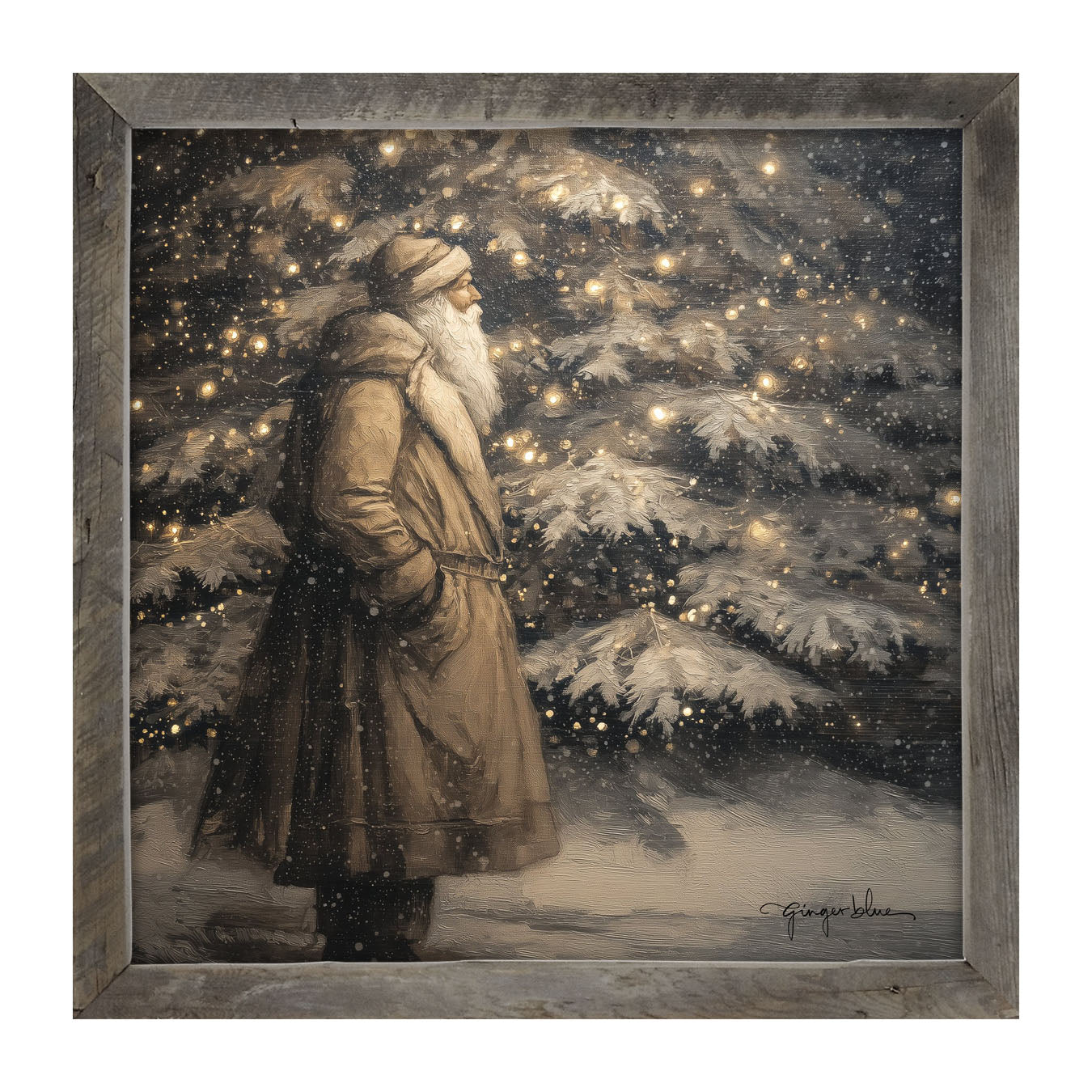 Santa near Lit Christmas Tree - Framed Art