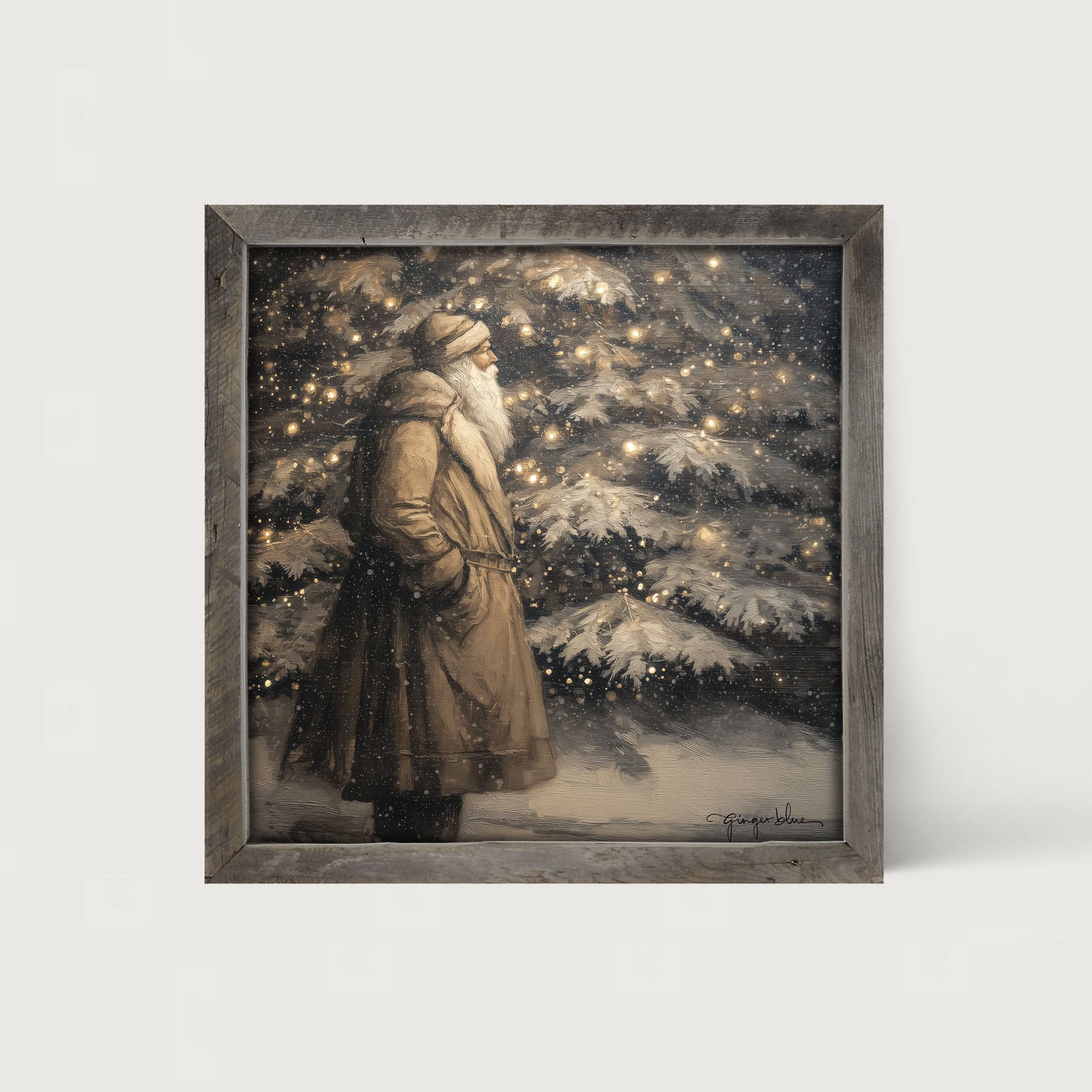 Santa near Lit Christmas Tree - Framed Art