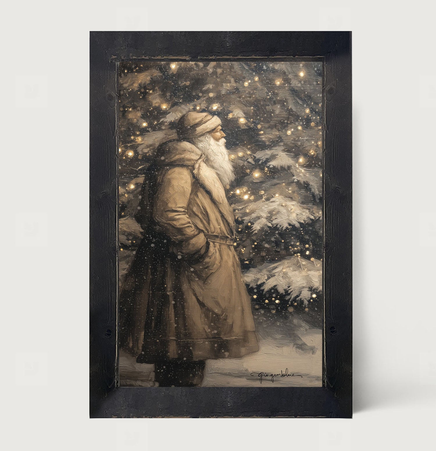 Santa near Lit Christmas Tree - Framed Art