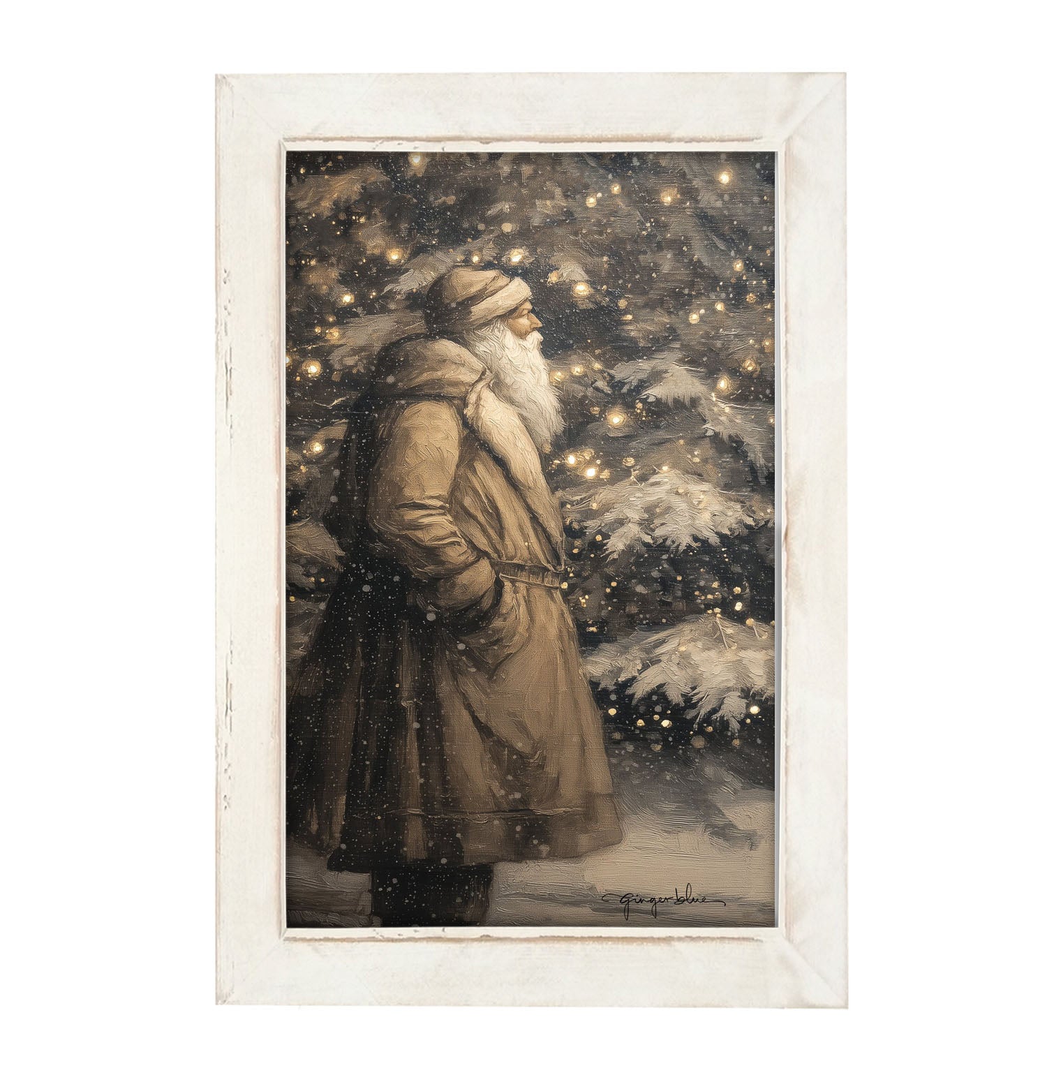 Santa near Lit Christmas Tree - Framed Art