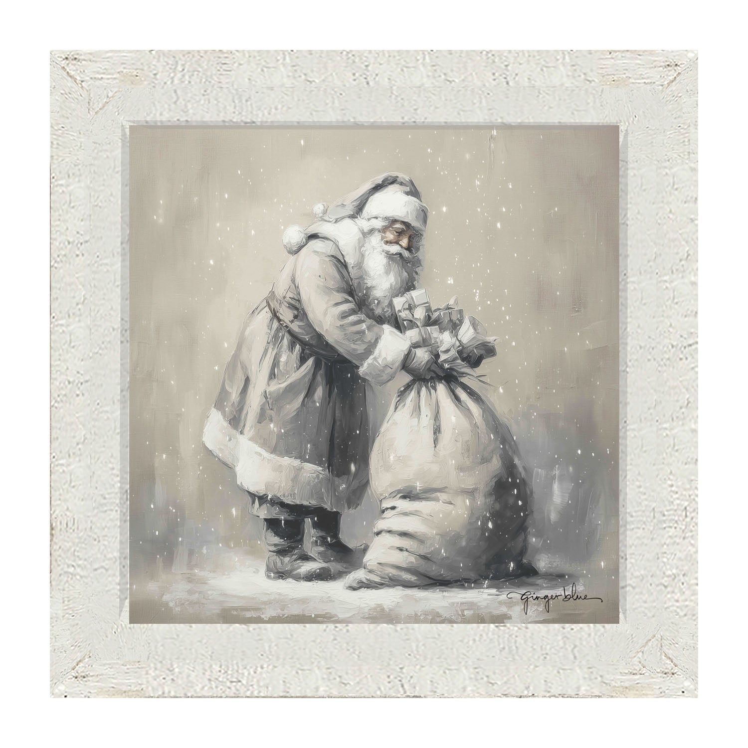 Santa Tying Bag of Presents - Framed Art