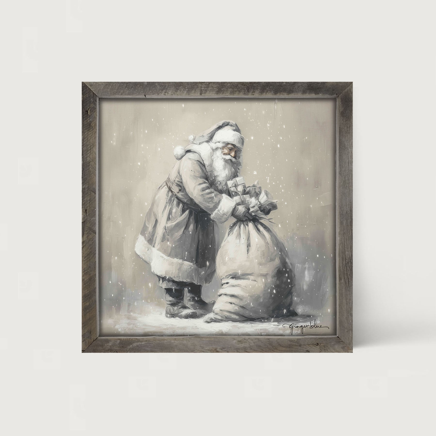 Santa Tying Bag of Presents - Framed Art