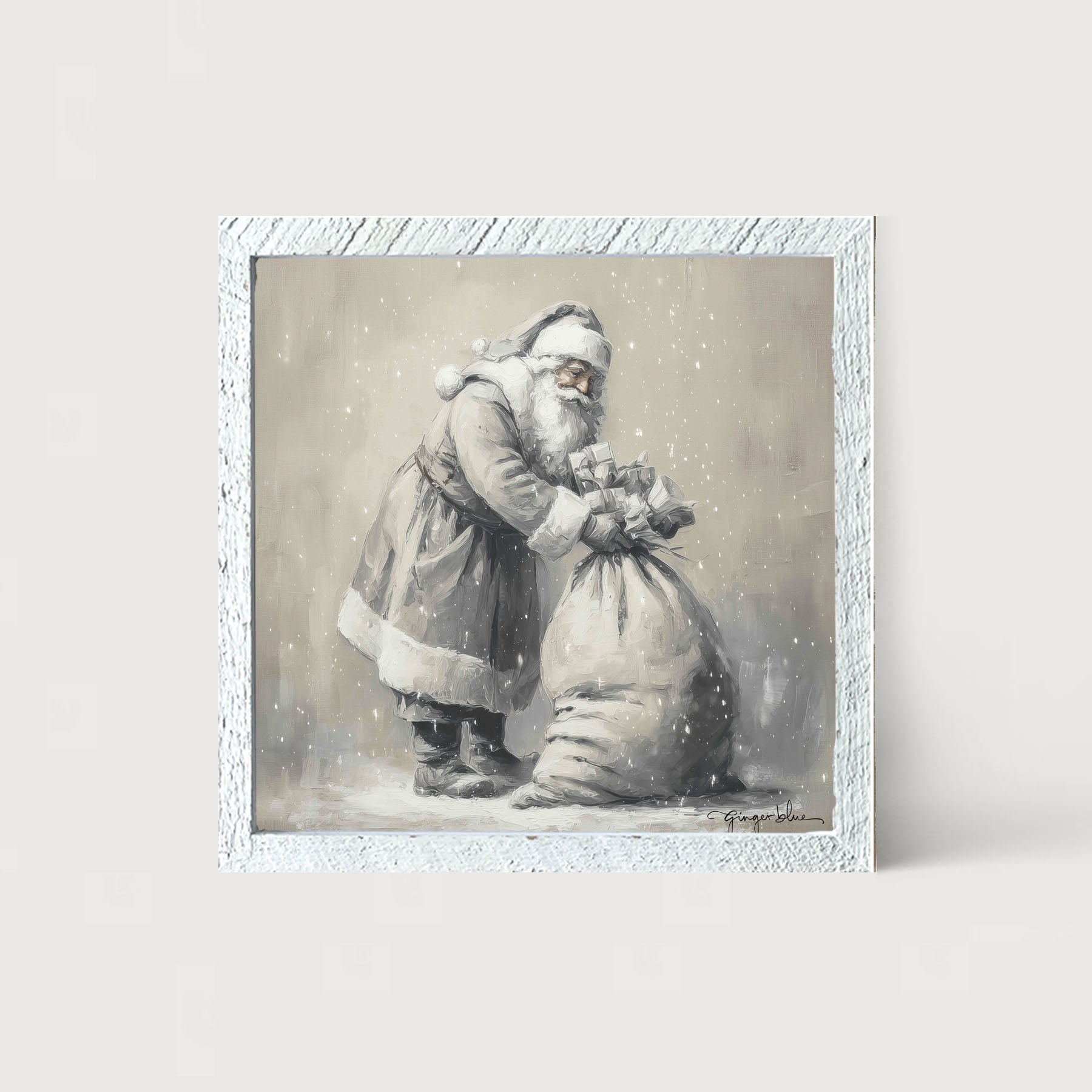 Santa Tying Bag of Presents - Framed Art