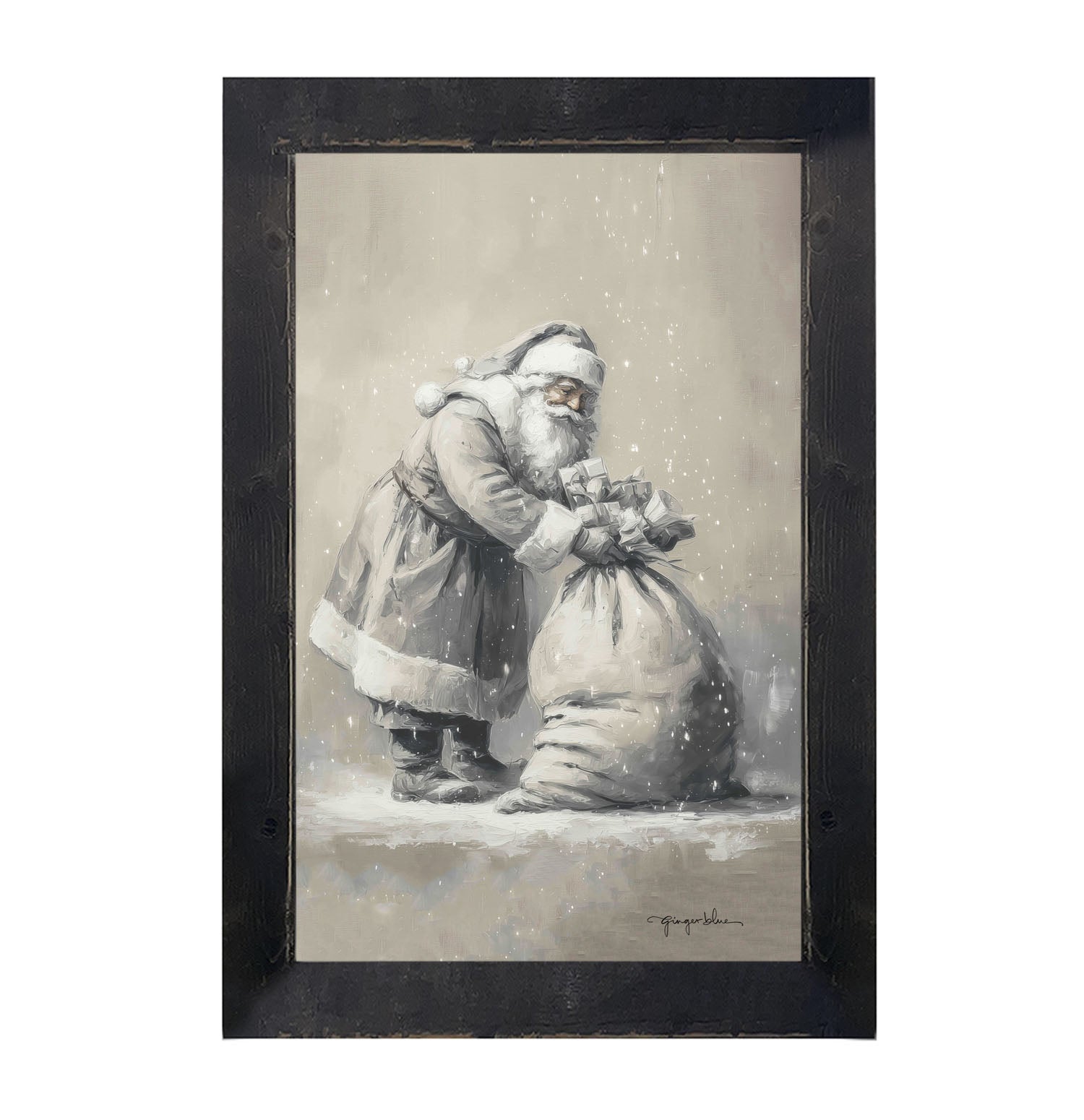 Santa Tying Bag of Presents - Framed Art